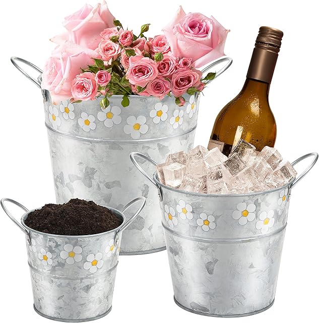 Belle Vous 3 Pack Silver Metal Bucket - Galvanised Iron Flower Pattern Buckets with Handle - Indoor/Outdoor Home & Garden Storage for Coal, Party Favors, Cleaning Supplies, Flowers & Ice Buckets