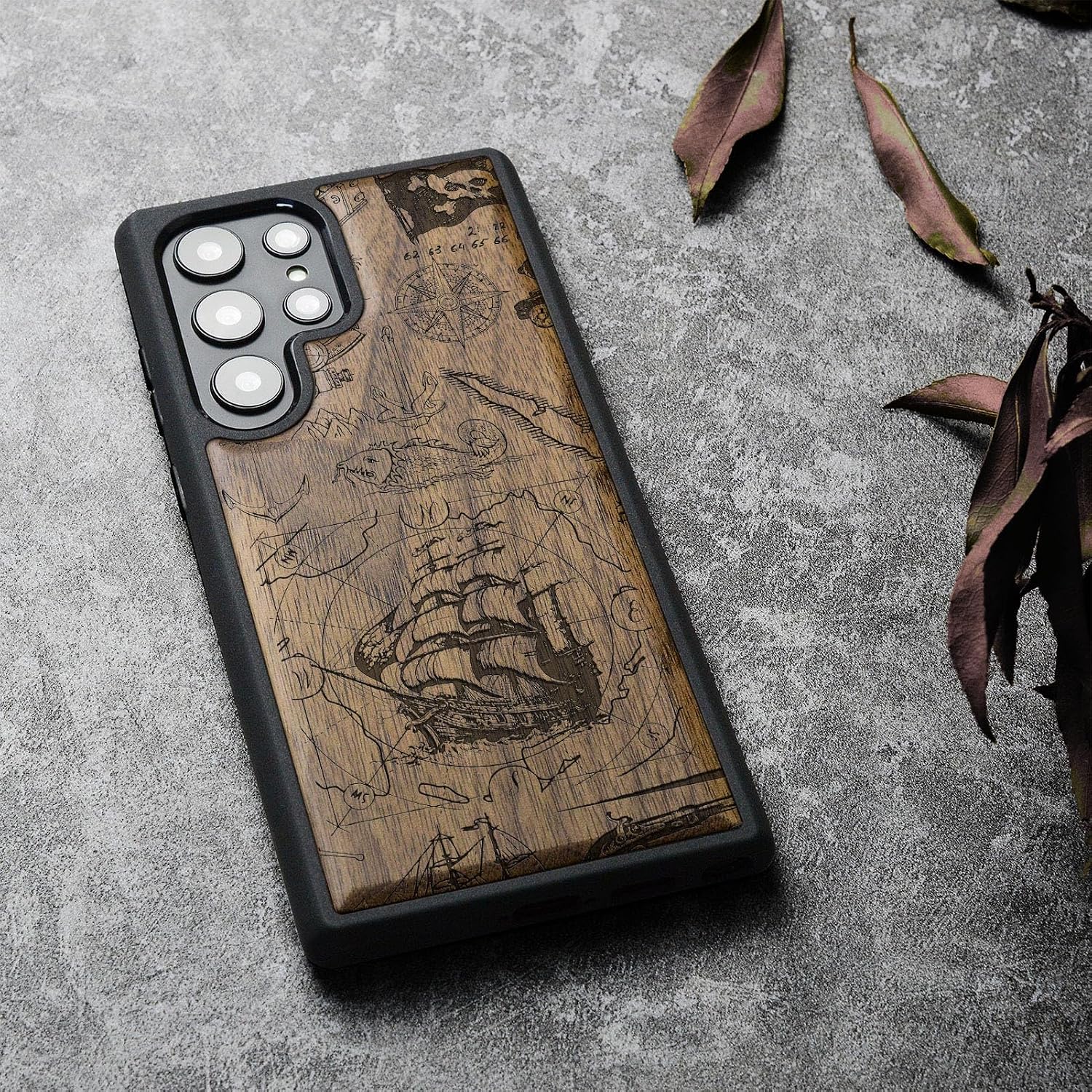 Carveit Wood Case for Galaxy S22 Ultra Case [Natural Wood & Black Soft TPU] Shockproof Protective Cover Unique Wooden Design Compatible with Samsung S22 Ultra (Vintage Pirate Ship-Walnut)