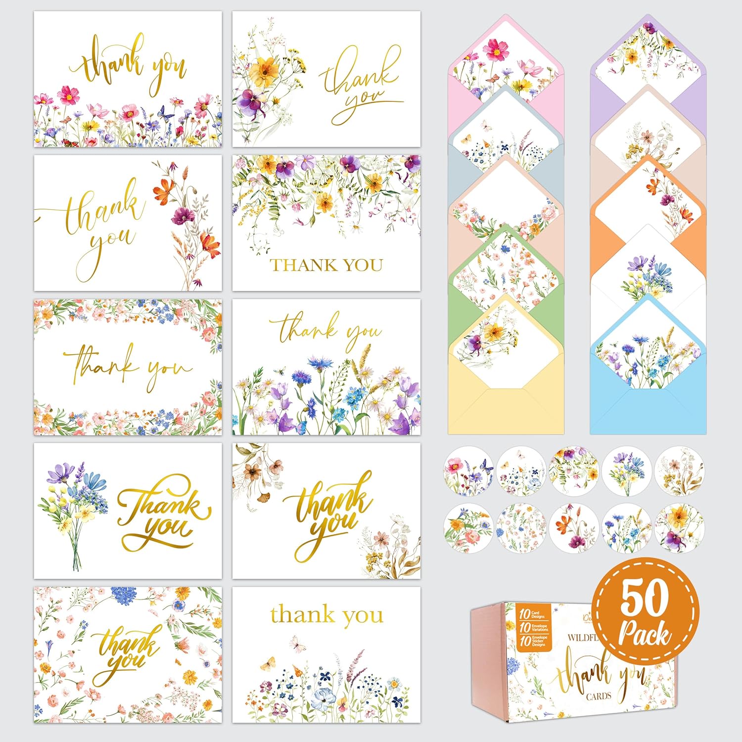 Decorably 50 Pack Gold Foiled 6x4in Wildflower Thank You Cards Wedding with Envelopes and Stickers, 10 Folded Watercolor Floral Designs for Loved Ones, Blank Inside - All Occasions, Gifting, Mailing