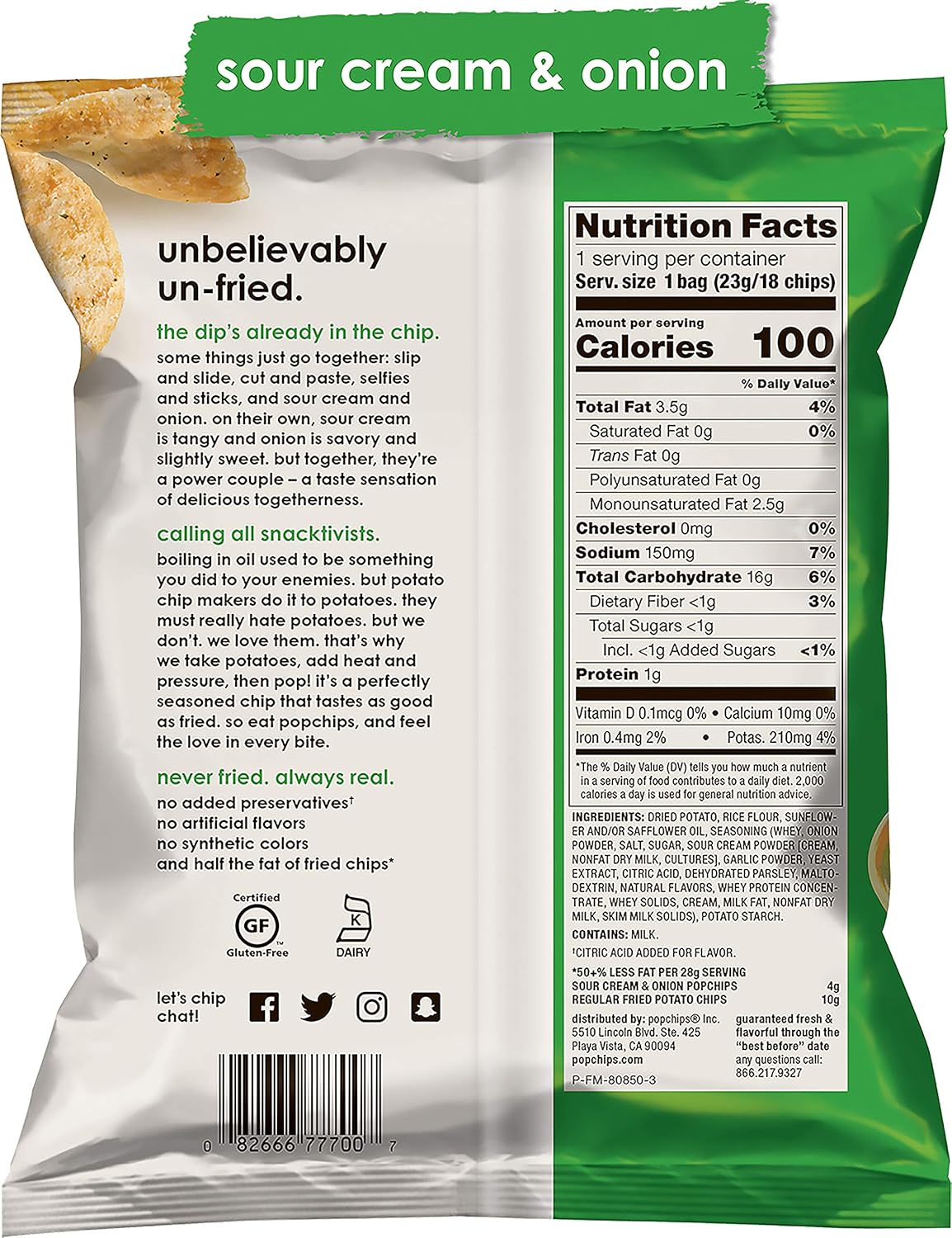 Popchips Sour Cream & Onion Potato Chips Single Serve 0.8 oz Bags (Pack of 24)