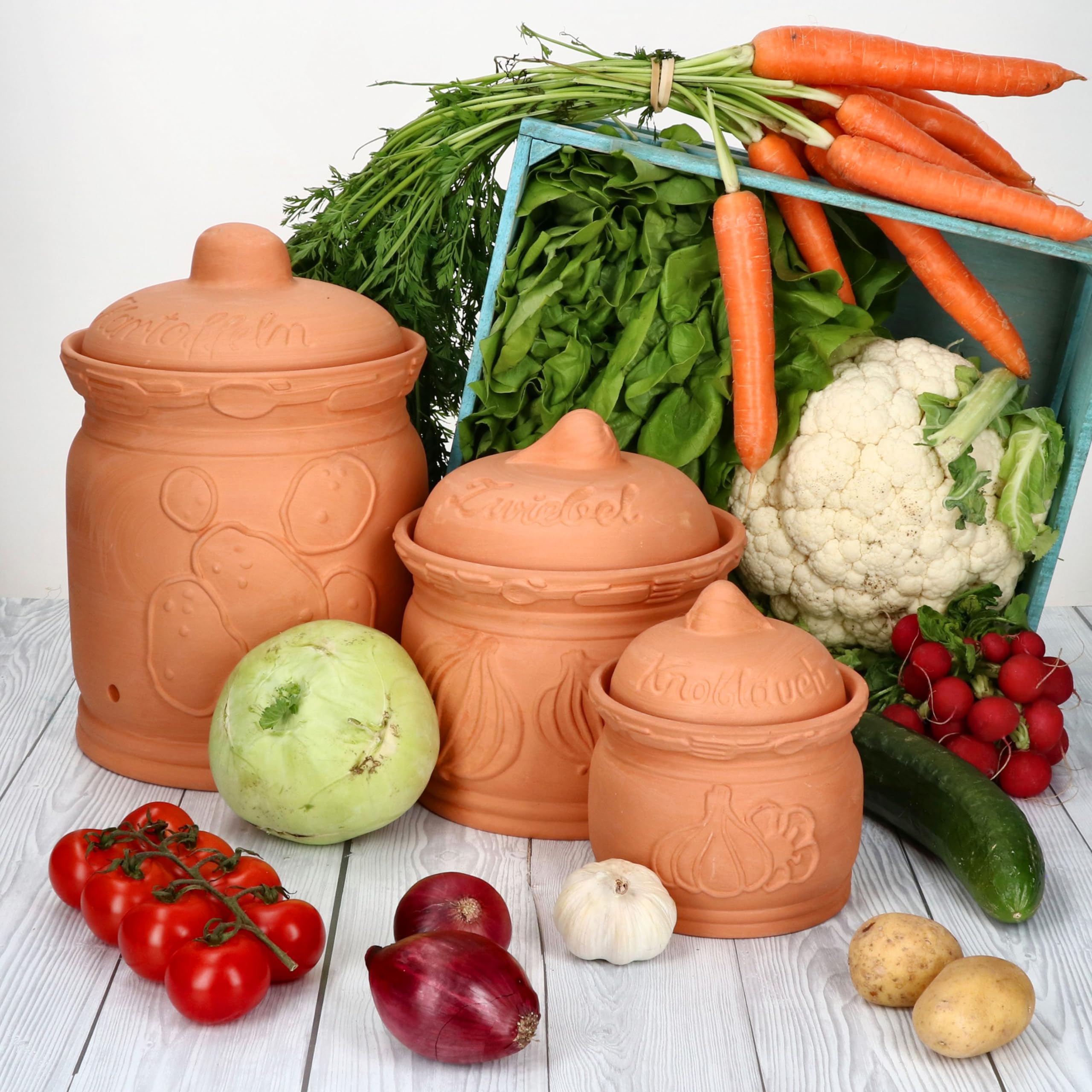 MamboCat 3er Set Terra Kartoffeltopf, Zwiebeltopf & Knoblauchtopf aus Terrakotta I Tontöpfe mit Deckel für Ihre Küche I Aufbewahrungsdose mit Relief & Schriftzug I Ideal für die Lange Lagerung