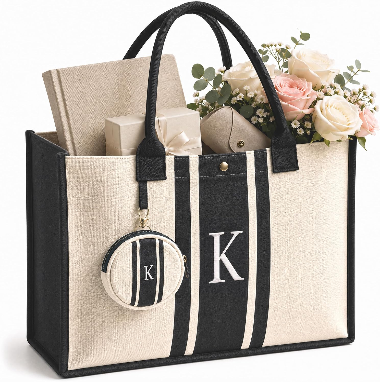 Monogrammed Initial Canvas Tote Bag Personalized Gift for Women, Makeup Bag
