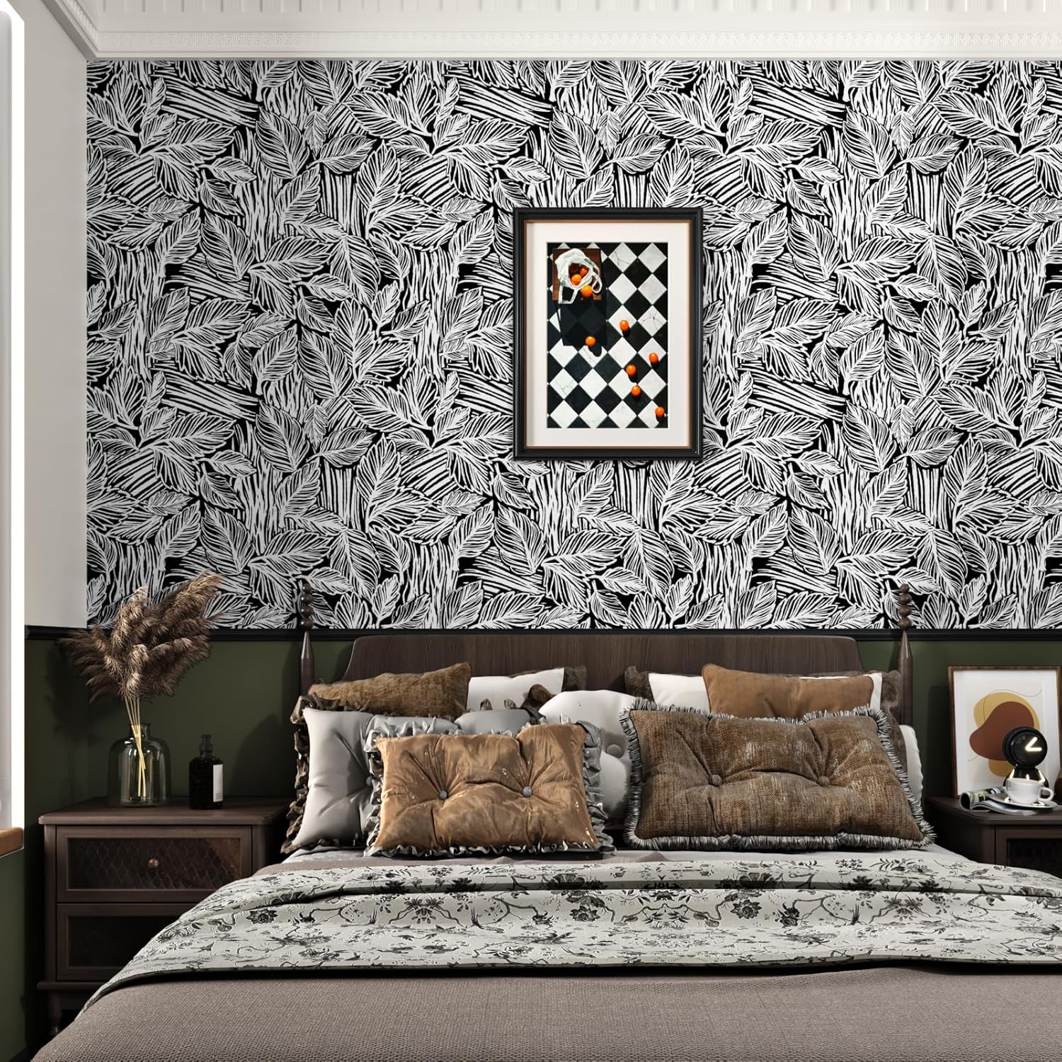Wallercity Black Foliage Wallpaper Peel and Stick Black Tropical Palm Leaf Wallpaper for Bathroom Bedrooom Floral Contact Paper for Desk Shelf Liner 17.5''x118'' Vinyl Removable Wall Paper Countertops