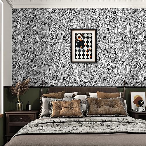 Miniatura 4 de Papel tapiz de hojas negras para despegar y pegar, papel tapiz de hoja de palma tropical negro para baño, dormitorio, papel de contacto floral para