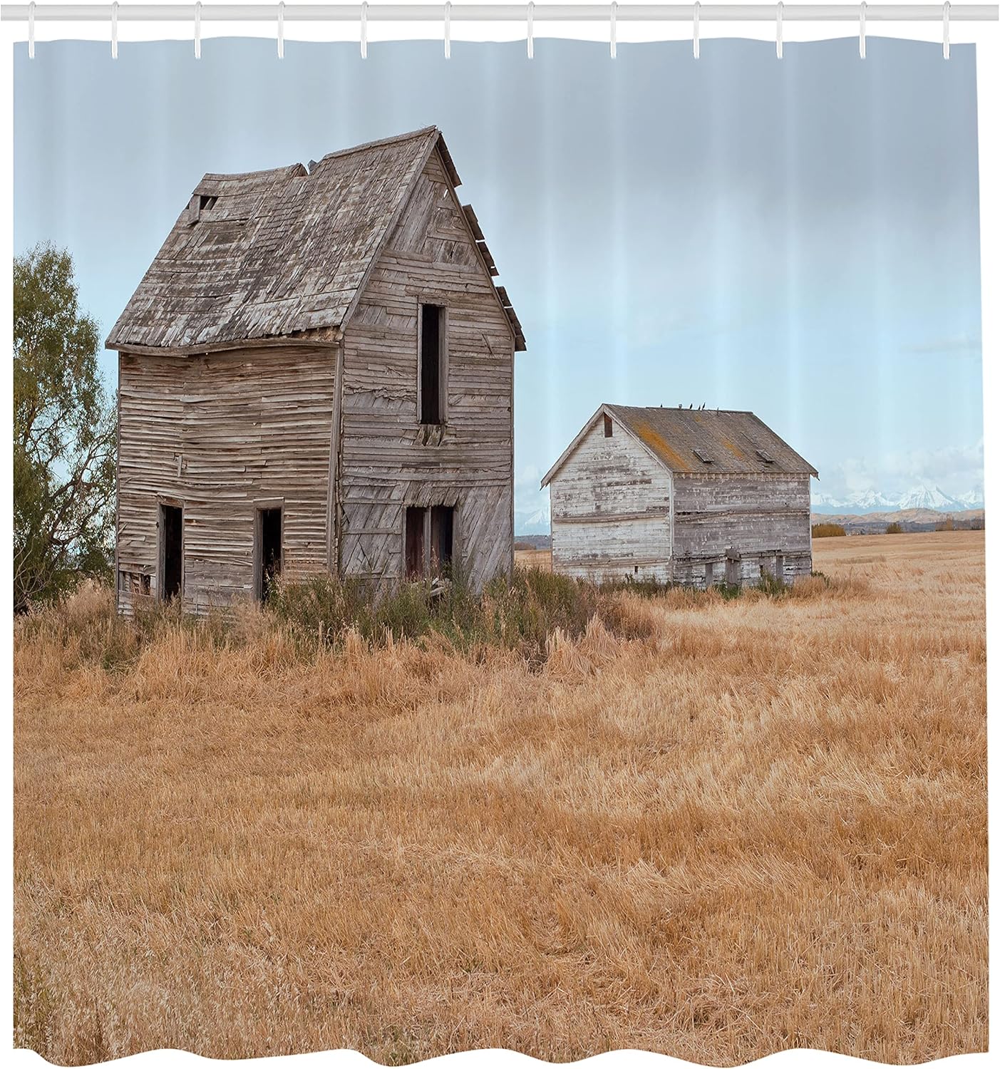 Ambesonne Country Shower Curtain, Abandoned Wooden House in Grain Agriculture Farmland Tree Gloomy Weather Theme, Cloth Fabric Bathroom Decor Set with Hooks, 69" W x 84" L, Yellow Brown
