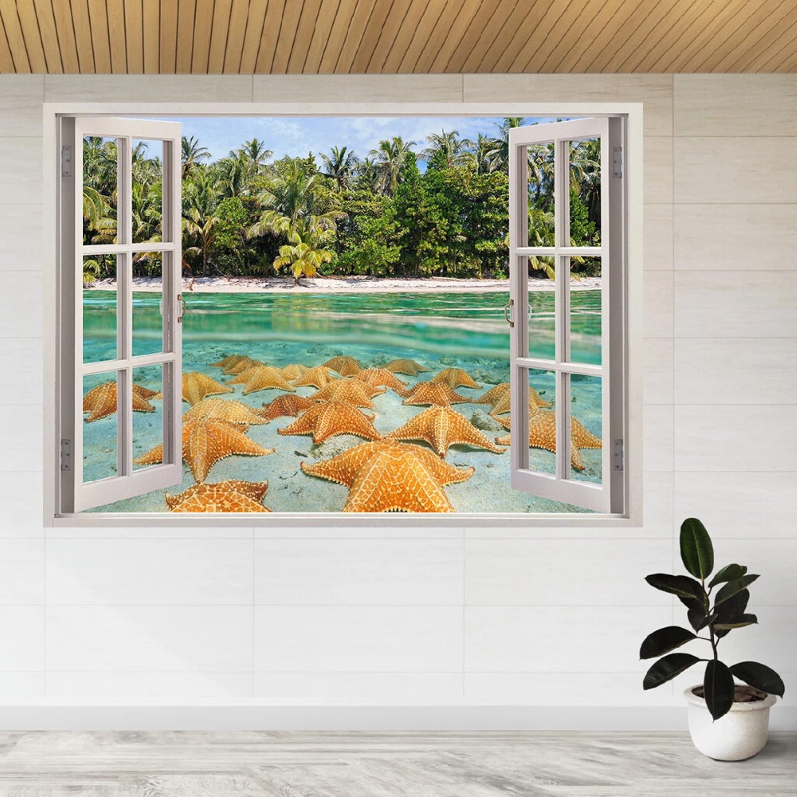 Adesivi decorativi da parete 3DSpiaggia Delle Stelle Marine Adesivi murali Decalcomanie murali 3D fracassate Wall Vinyl Family for Camera da letto Soggiorno Nursery Home Wall Décor 58x101cm