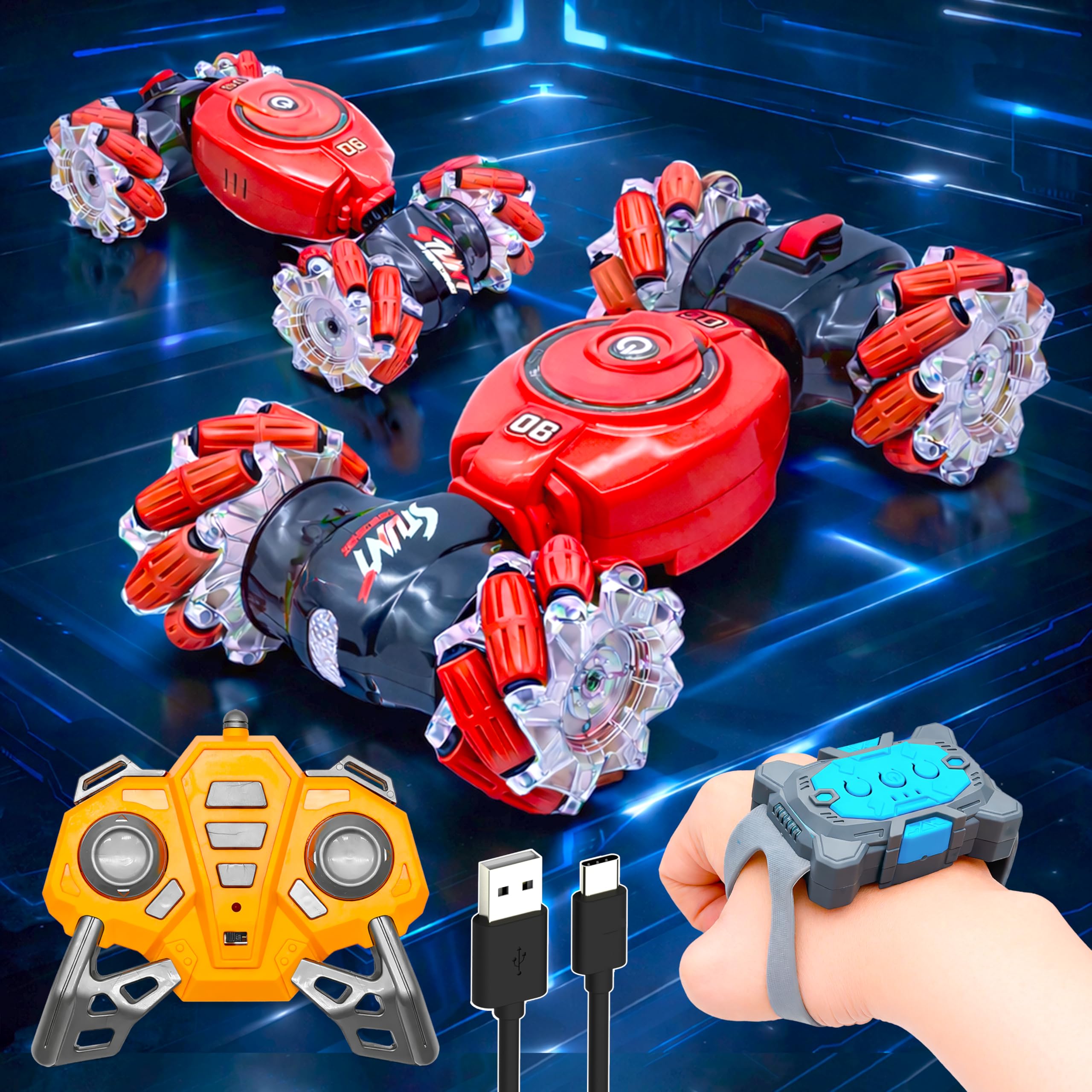 2.4GHz Rechargeable Twister Drift Mist Stunt Car Toy for Kids with Dual Controls - Gesture Wrist Controller and Remote Controlled 360° Rotating RC Smoke Car with Lights and Sound - Red-image-8