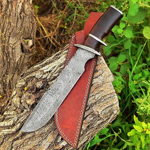 Cuchillo de Damasco personalizado de 15 pulgadas mango de madera Pakka wmarrón funda de cuero TJ117