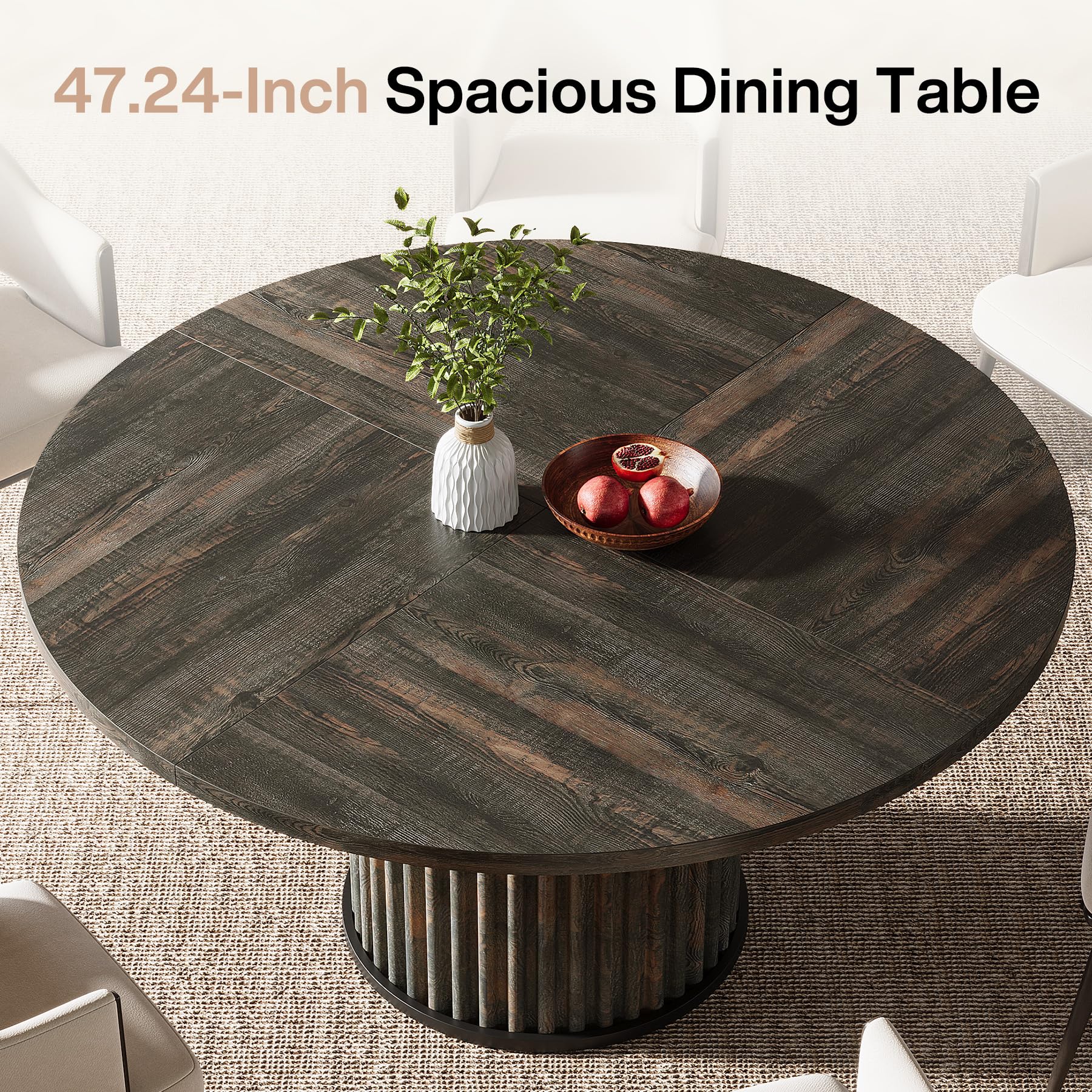 Tribesigns Tavolo da pranzo rotondo da 120 cm per 4 – 6 persone, moderno tavolo da cucina in MDF scanalato + base in metallo, robusto mobile rotondo per sala da pranzo, nero marrone