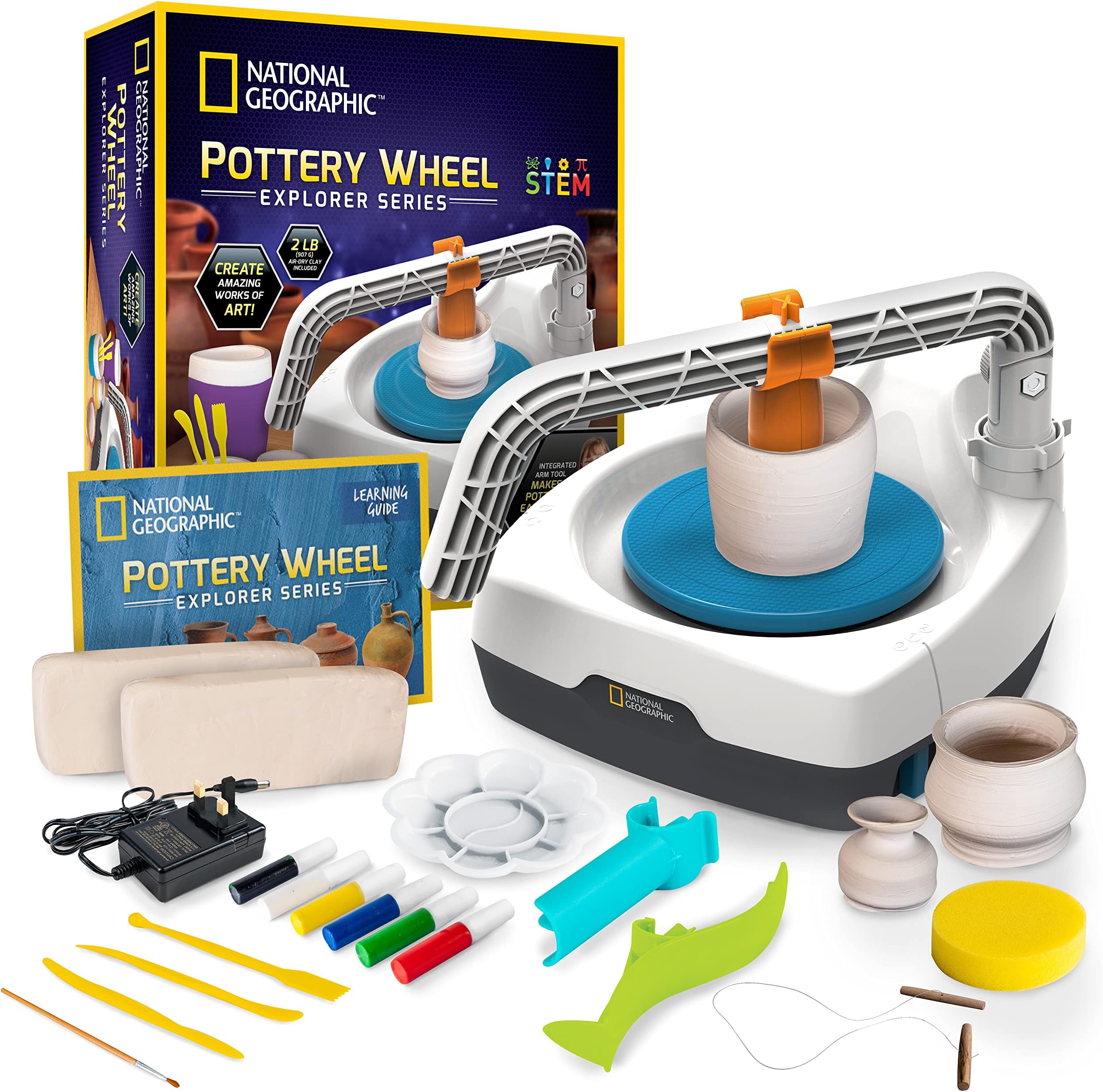 Kid’s Pottery Wheel (UK Version) - Complete Pottery Kit for Kids, Plug-in Motor, 907 g Air Dry Clay, Sculpting Clay Tools, Apron & More, Patent Pending, Amazon Exclusive Craft Kit