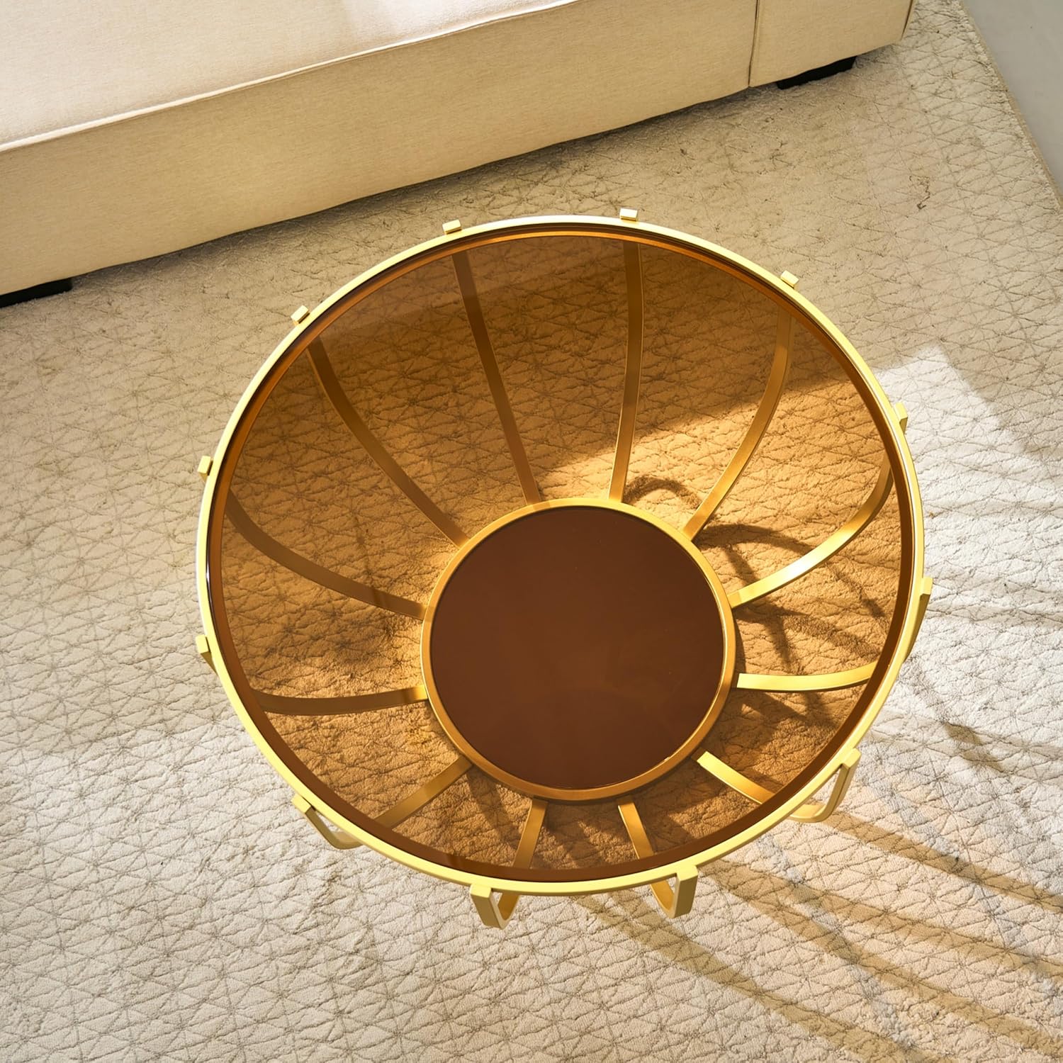 Saint Mossi 30" Glass Round Coffee Table for Living Room, Mid Century Modern 2-Tier Gold Drum Center Table, Brown Glass Top, Brown Mirror Shelf and Gold Frame, W30xH16.5
