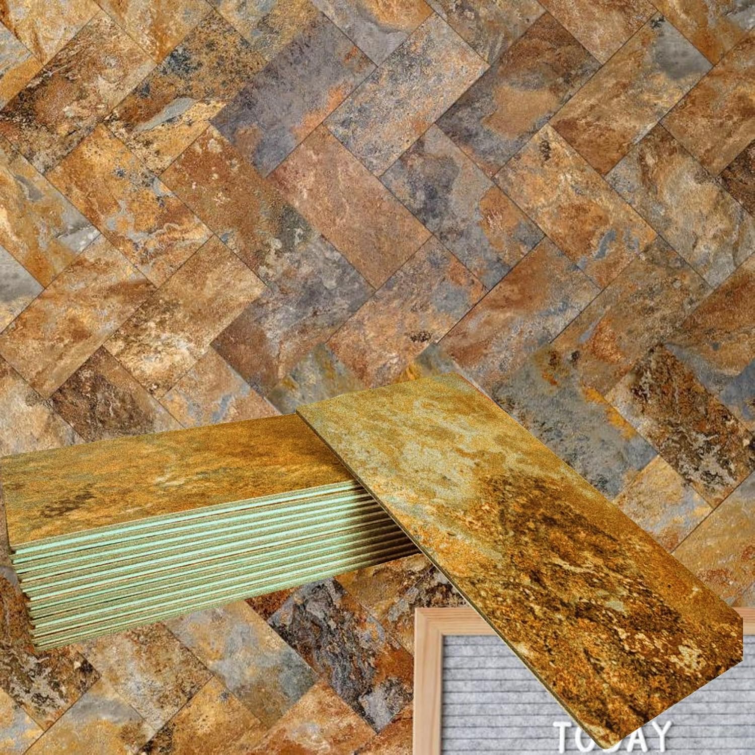 Peel and Stick Subway Tile Backsplash for Kitchen (Vintage Slate Gold 3" x 6" 48 Sheets) for Accent Wall
