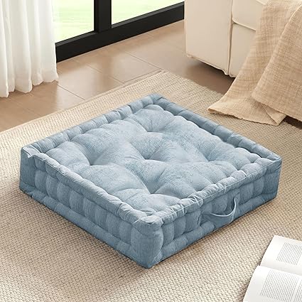 Intelligent Design Large Floor Pillow for Adults Yoga or Meditation Cushion with Handle, Floor Cushion for Board Games, Lustrous Chenille Tufted, Handsewn Scalloped Edge, Azza, 24" x 24" x 5" Aqua