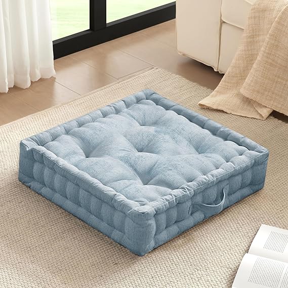 Intelligent Design Large Floor Pillow for Adults Yoga or Meditation Cushion with Handle, Floor Cushion for Board Games, Lustrous Chenille Tufted, Handsewn Scalloped Edge, Azza, 24" x 24" x 5" Aqua