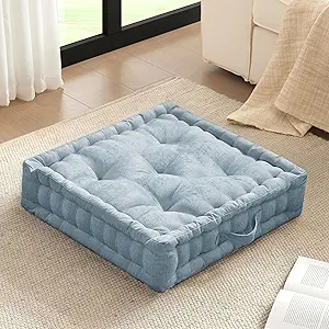 Intelligent Design Large Floor Pillow for Adults Yoga or Meditation Cushion with Handle, Floor Cushion for Board Games, Lustrous Chenille Tufted, Handsewn Scalloped Edge, Azza, 24" x 24" x 5" Aqua