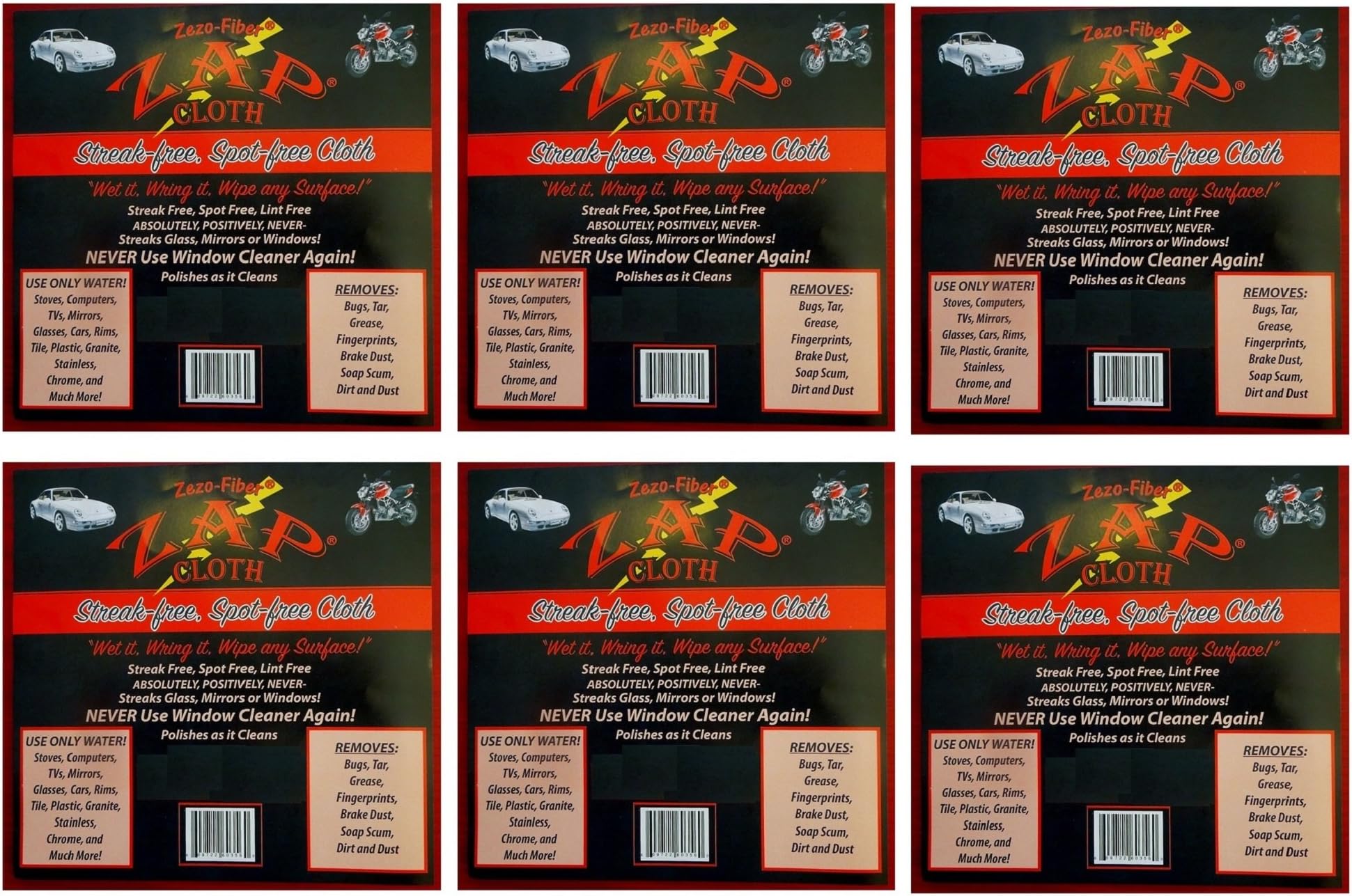 Zap Cloth Zezo-Fiber, Streak Free and Spot Free, 6 Cloths