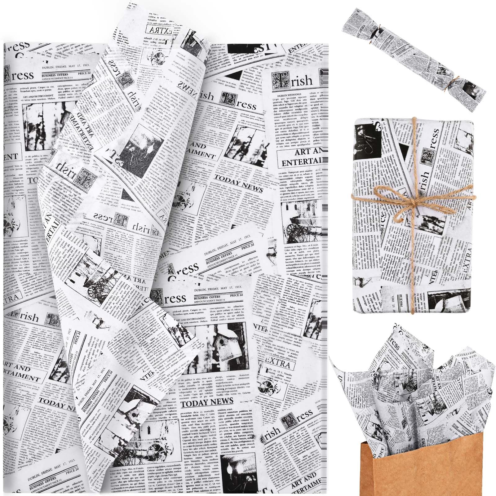 Bolsome 100 Sheets 20 * 14 Inches Vintage Newspaper Tissue Paper for Gift Wrapping Black White Newsprint Tissue Paper for Gift Bags for Birthday Wedding Anniversary DIY Craft (White)
