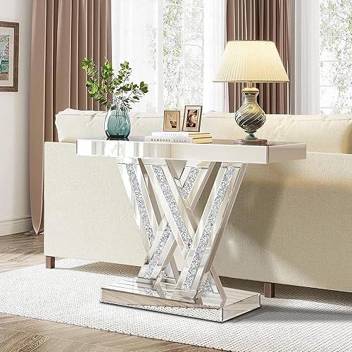 Miniatura 7 de Moderna mesa consola de entrada con incrustaciones de diamante triturado, mesa de pasillo de vidrio espejo plateado de 35.43 pulgadas para entrada,