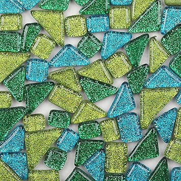 120 Pieces/200g Square Triangle Rectangle Mixed Colors Shine Crystal Series Mosaic Tiles,Glass Mosaic Tiles Glitter Crystal Mosaic Perfect for Home Decoration Crafts, Irregular Shape (Green Blue Mix)