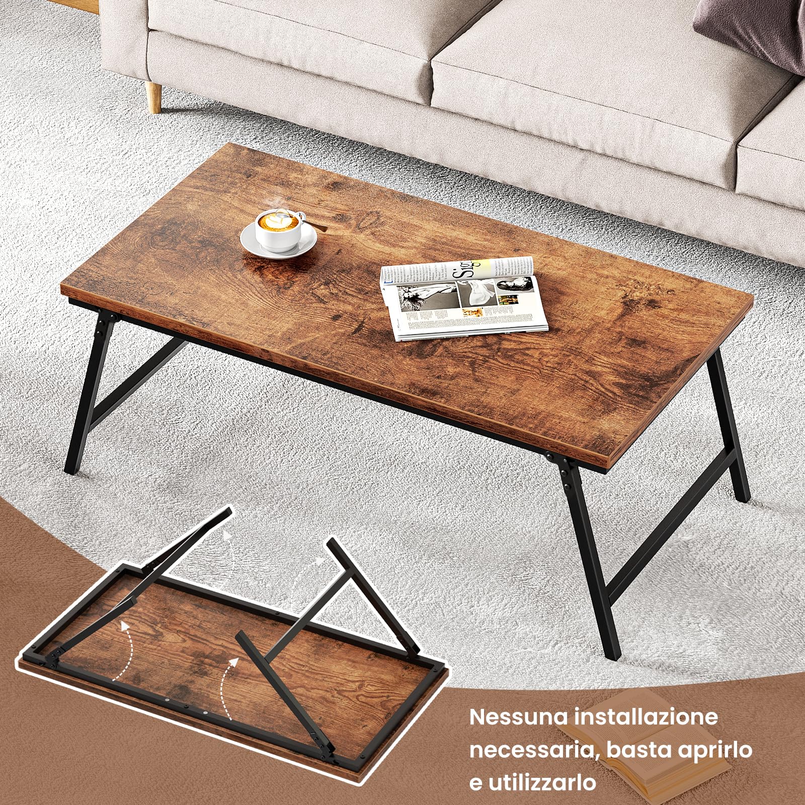 Tavolino Pieghevole, Tavolini da Salotto, con Fibbia per Gambe Fissa, 80 cm, Non Richiede Montaggio, Tavolo Basso in Legno Salvaspazio, Soggiorno, Camera da Letto, Marrone Vintage