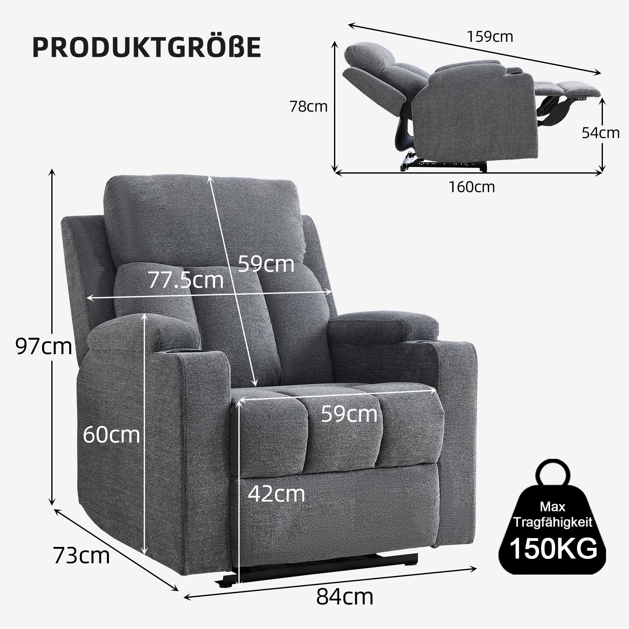 EBELLO Fernsehsessel mit Liegefunktion, Relaxsessel Manuell Verstellbar,TV-Sessel mit Getränkehalter und Weiche Kopfstütze, Schlafsessel mit Armlehnen und Fußstütze für Wohnzimmer, Dunkelgrau