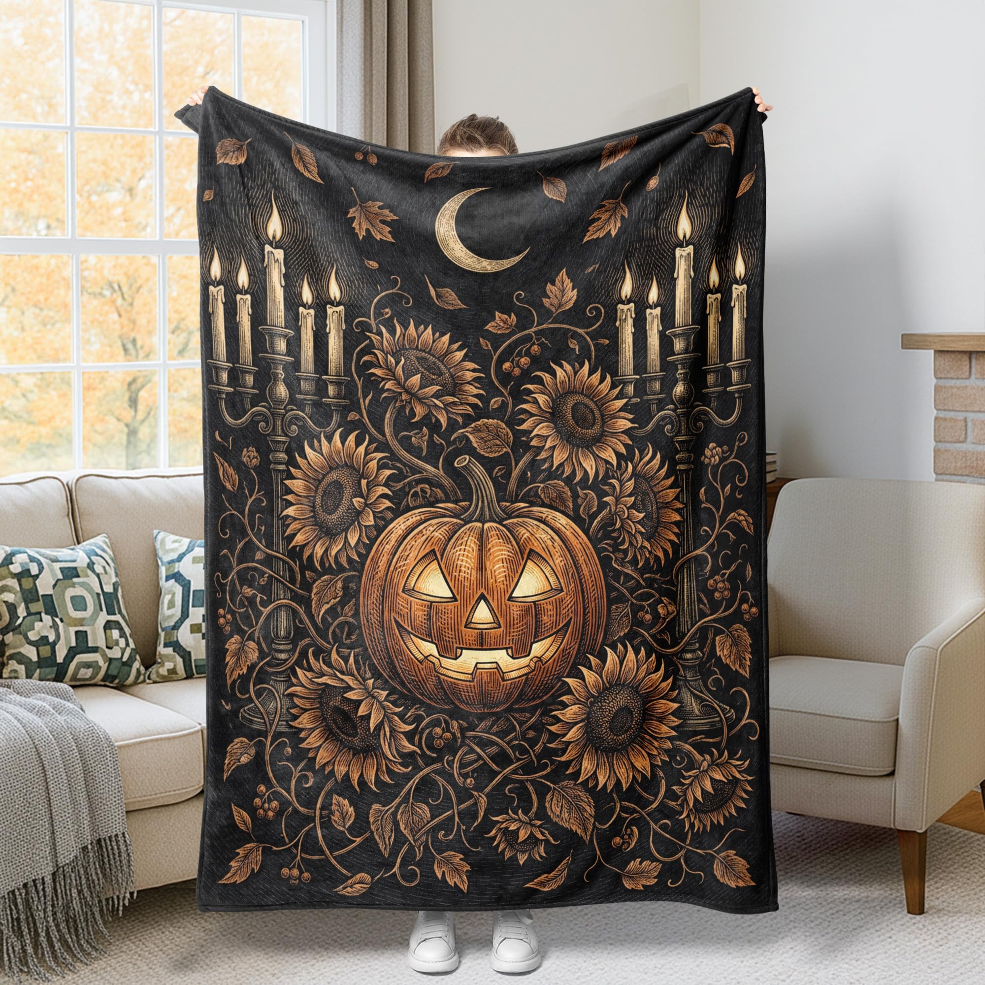 Couverture citrouilles vintage en flanelle orange et blanche de taille 152x203 cm pour lit