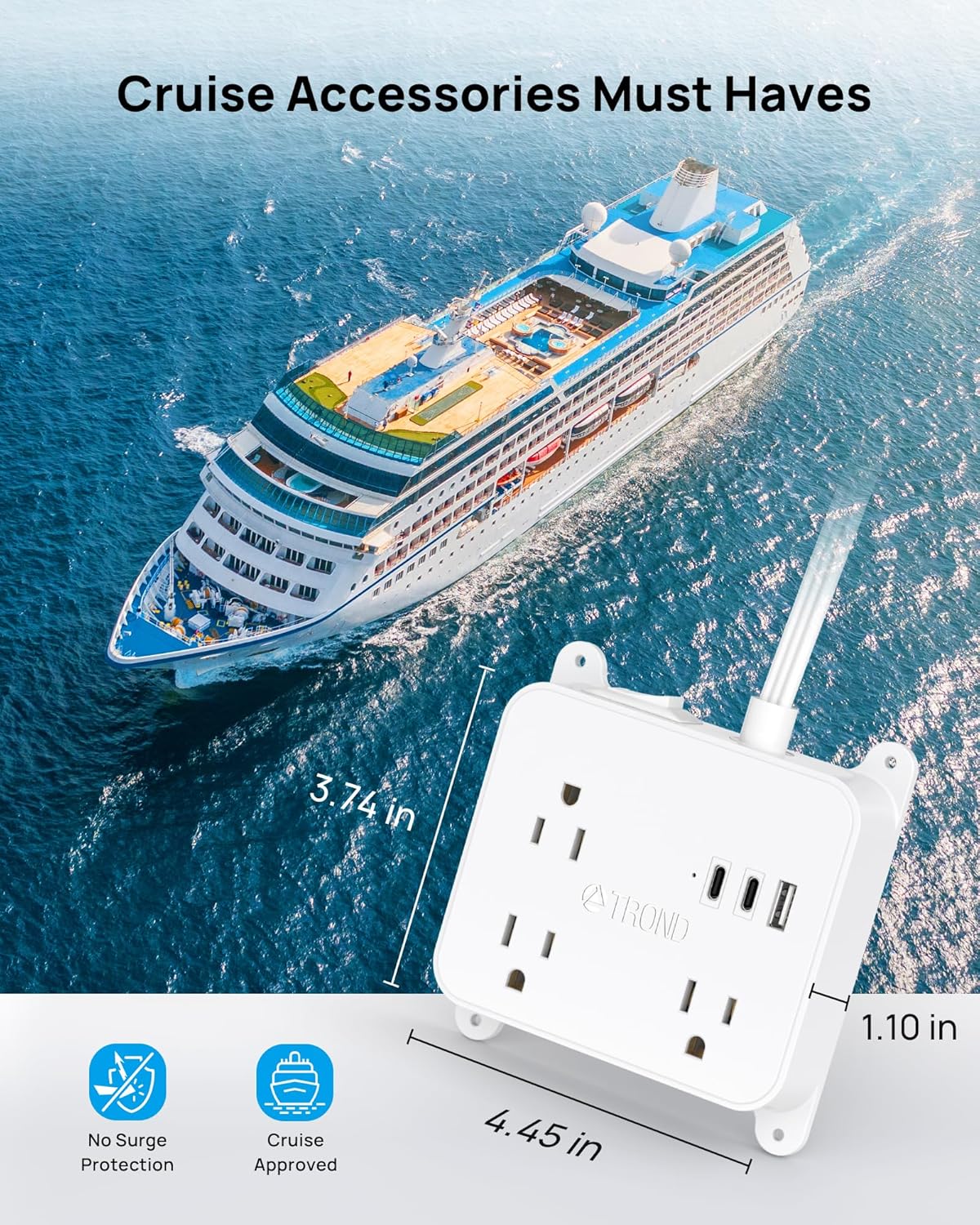 TROND Ultra Flat Plug Power Strip - Extension Cord 10FT with 3 USB Chargers, Power Strip with Long Cord, 3 Widely Outlets Charging Station, Wall Mount for Home Dorm Room Essentials