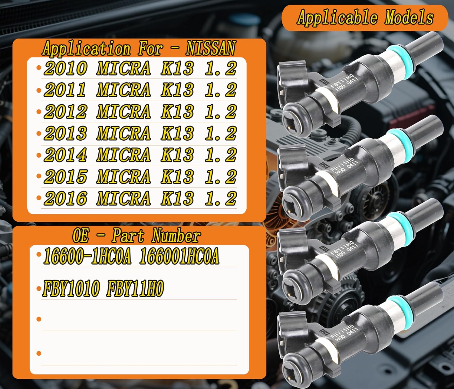Set Of 4PCS Fuel Injectors Replacement For NISSAN 2010-2016 MICRA K13 1.2 12V OE# 16600-1HC0A 166001HC0A FBY1010 FBY11H0