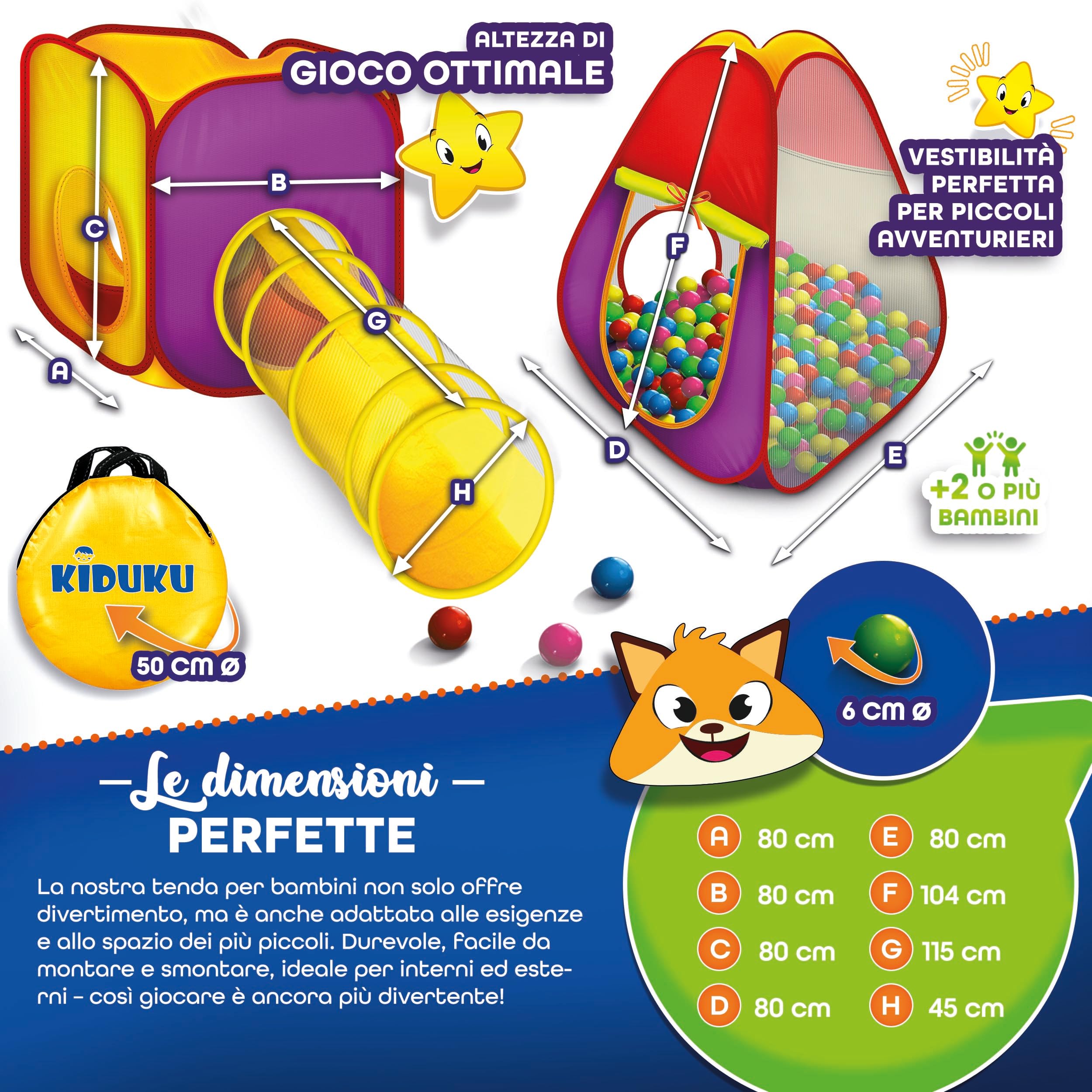 KIDUKU Tenda a dado per bambini Pop Up con tunnel + 200 palline + borsa per interni ed esterni