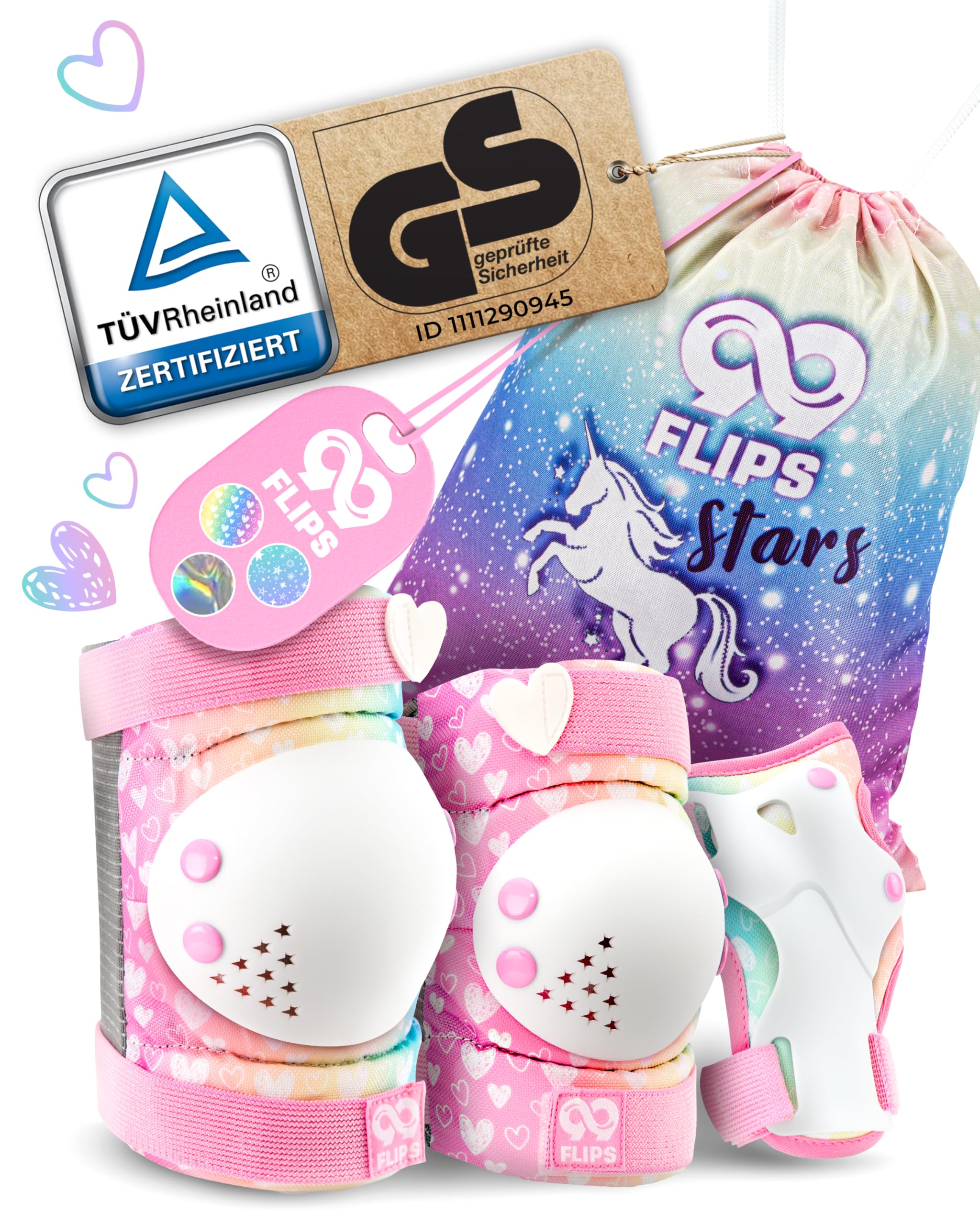 99FLIPS Inliner Schoner Kinder Set - TÜV Rheinland GS Zertifiziert [6er Set] mit Einhorn Beutel für Skateboard und Inline Skates - Knieschoner, Ellenbogen Schoner und Handschützer