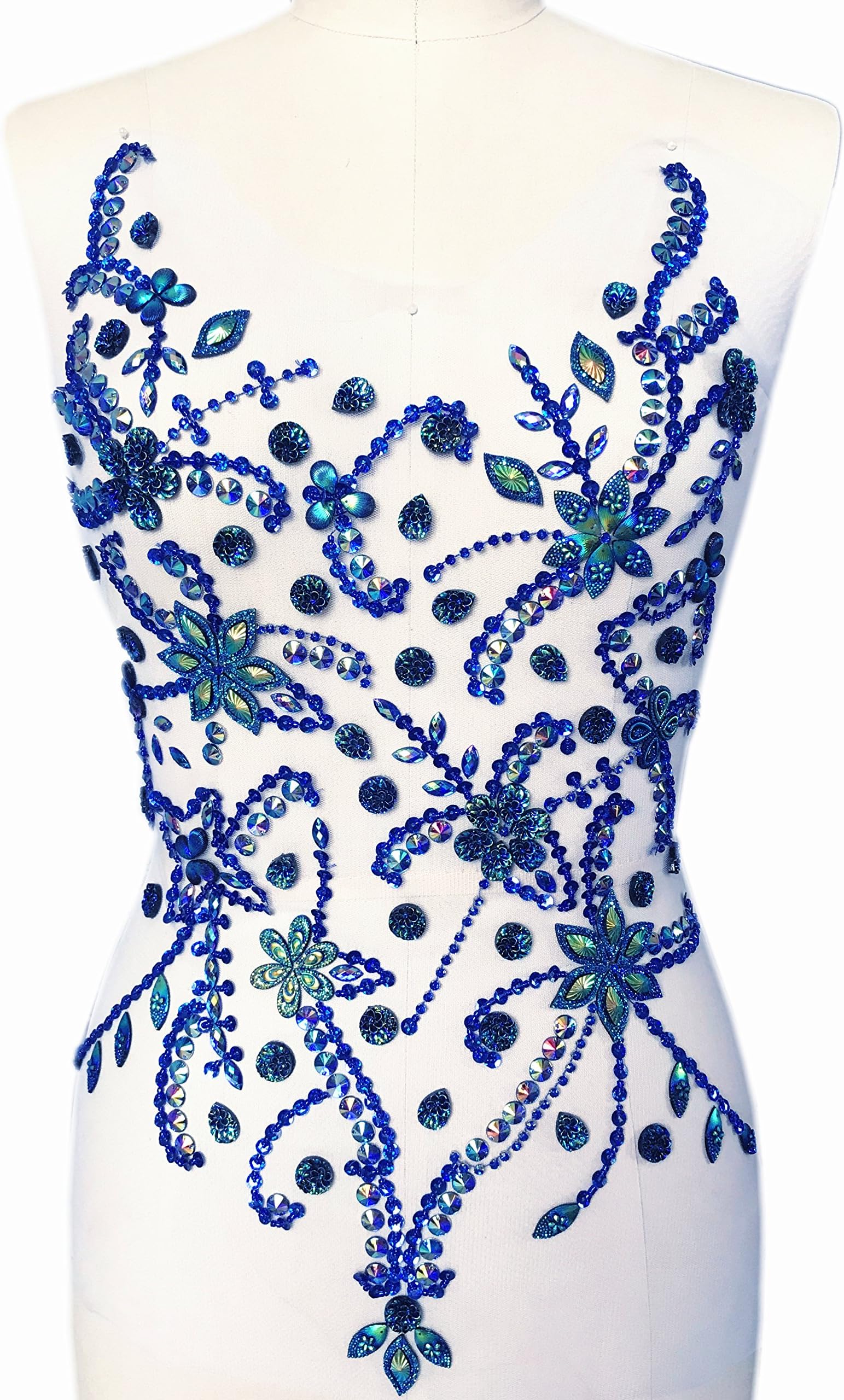 Exquisite Embroidery Big Flower Silver White Beaded Sequins Sew on Rhinestones Crystals Patches Applique Manual Costume Fine Motif Wedding Dress Trimming 14x21 Inch (Deep Blue)