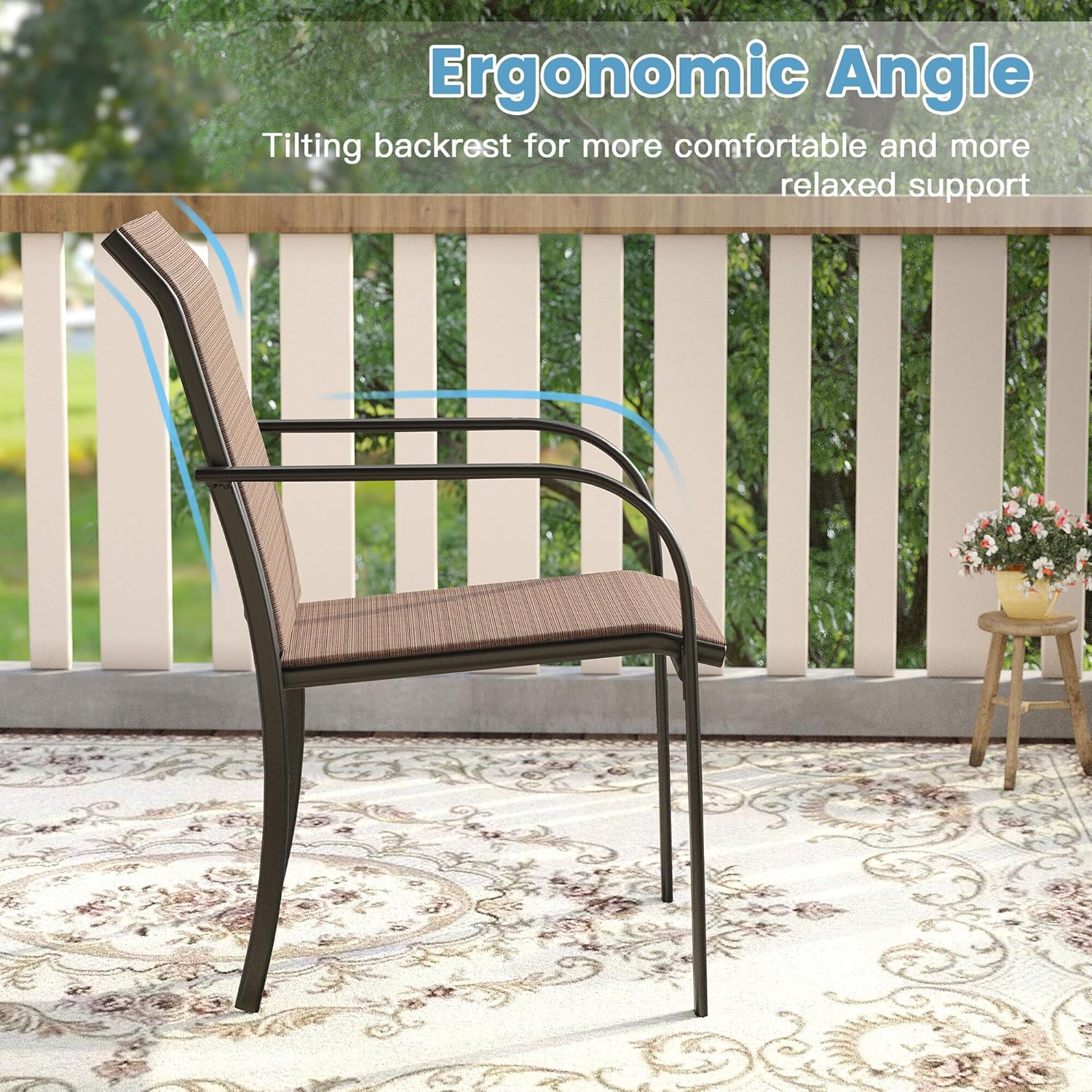 DIFY Patio Dining Set for 4, 5 Piece Outdoor Table and Chairs Set, 40.6" Black Round Metal Patio Dining Table and 4 Brown Textilene Stackable Patio Chairs, for Backyard Garden Poolside