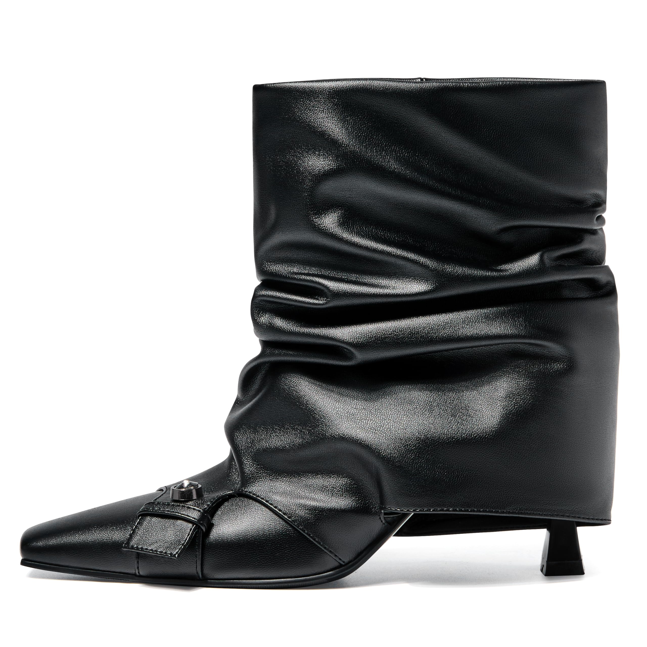 AlureAbys Women's Fold Over Boots Kitten Heel Pointed Toe Stiletto Slouchy Fashion Comfortable Slip On Dressy Boots