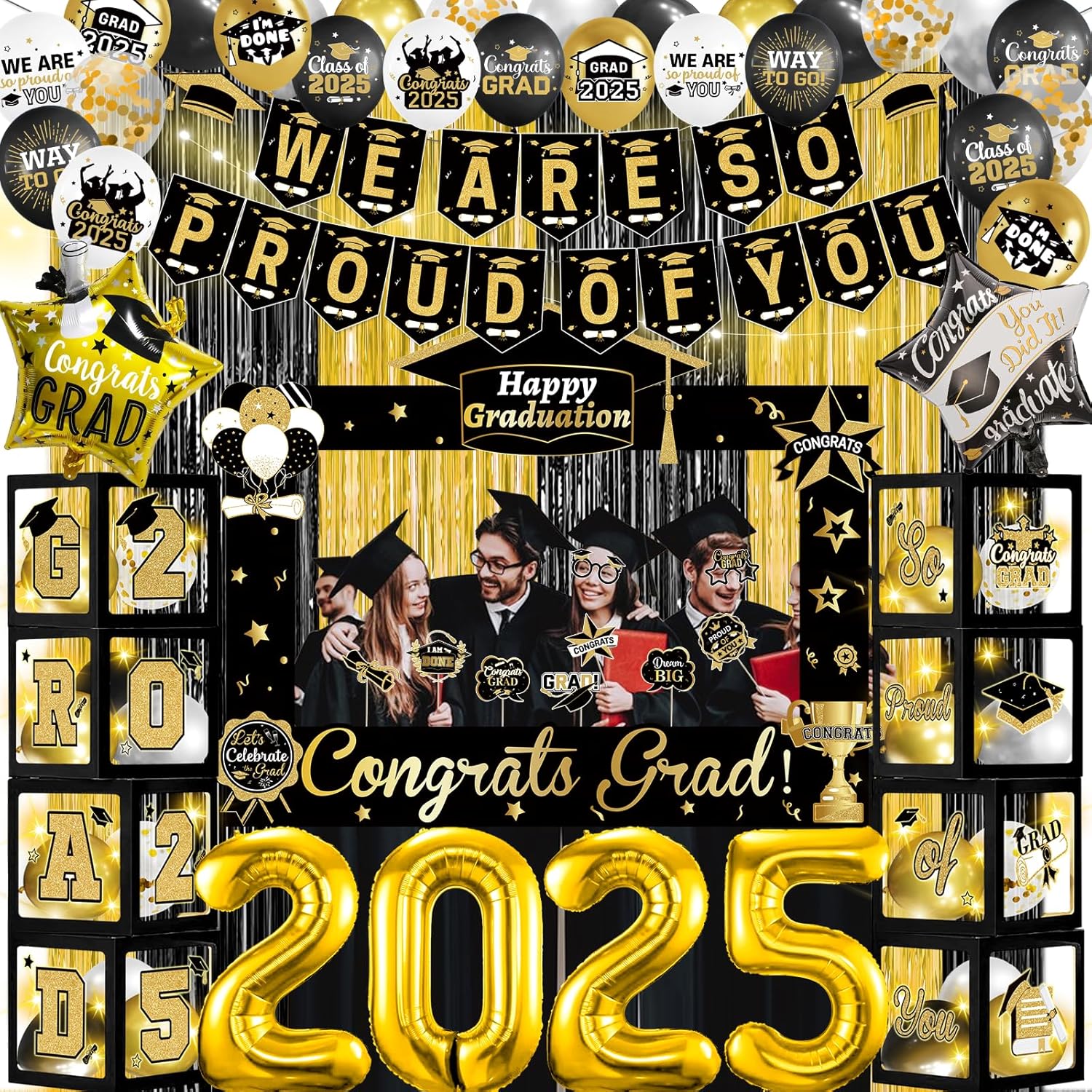 Black and Gold Graduation Decorations 2025 With Light Balloon Boxes With Letters We Are So Proud Of You Banner Congratulations Decorations Class Of 2025 Decorations