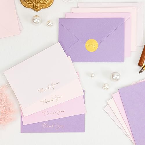 Miniatura 4 de Crisky Tarjetas de agradecimiento moradas con sobres y calcomanías, paquete de 50 tarjetas de agradecimiento para despedida de soltera, graduación,