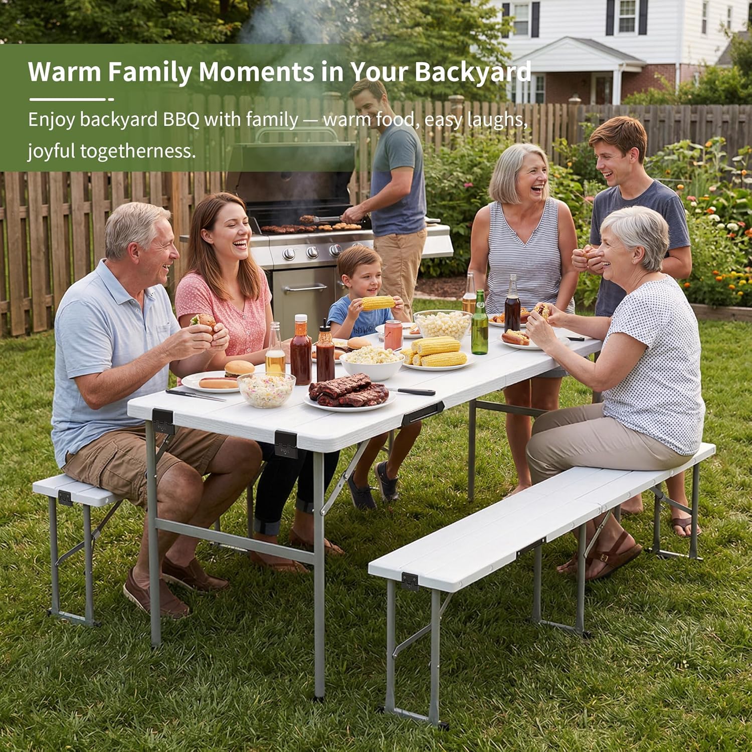 Picnic Table Set with 2 Benches,6 Feet Folding Camping Table Chair Set with Wood Grain Tabletop,3-Piece Outdoor Indoor Portable Folding Furniture for Party, Camping, Picnic, Weddings (White)