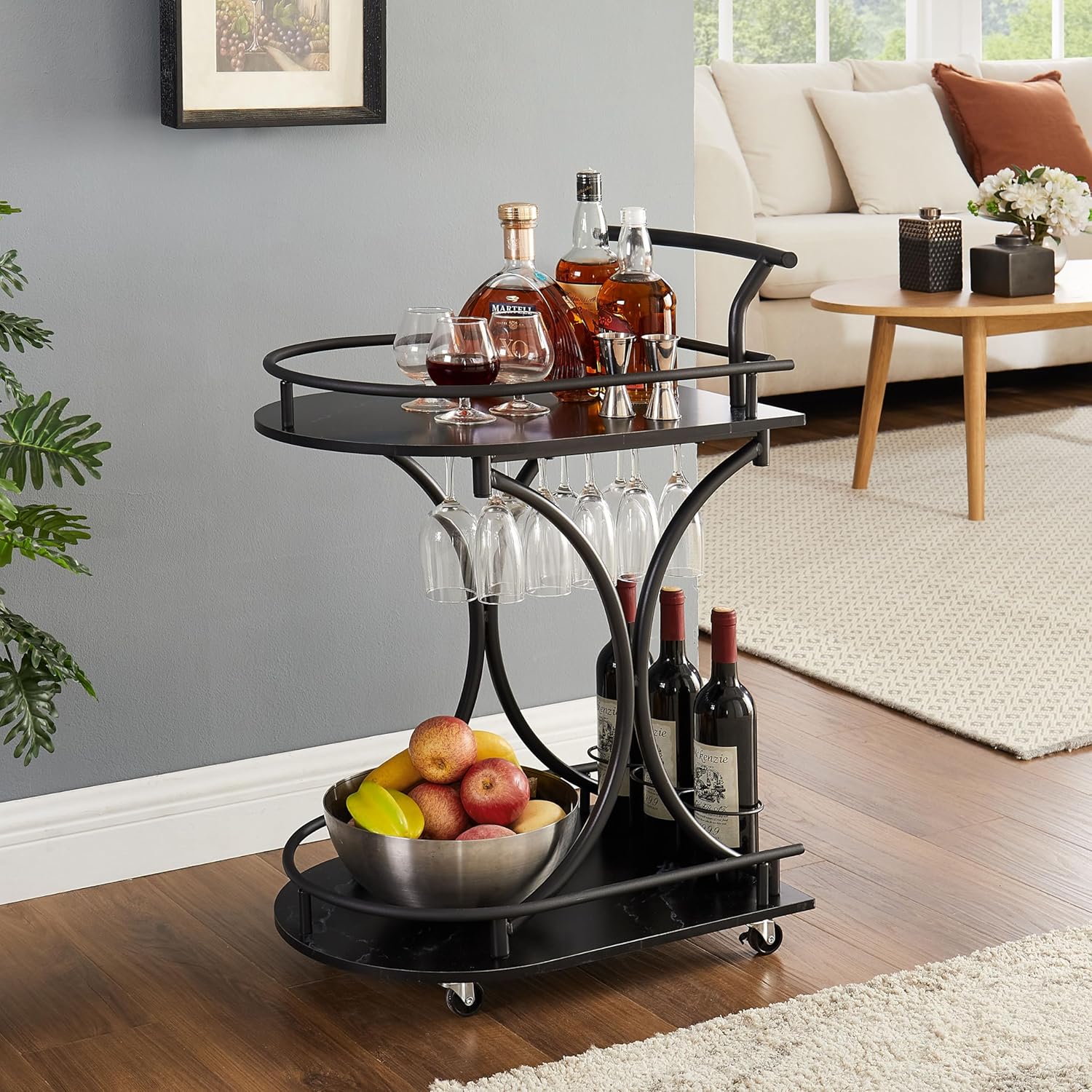 Kitchen Serving Cart with Wood Top, Lockable Wheels, Wine Rack, Easy Assembly, Black