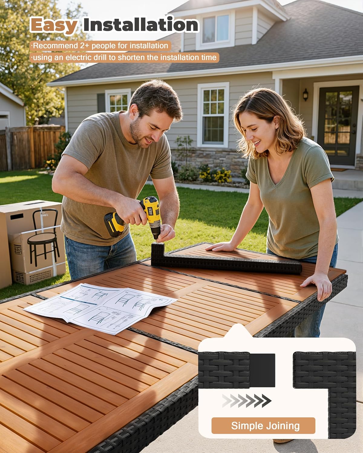 Two people assembling the Flamaker patio dining table with a power drill.