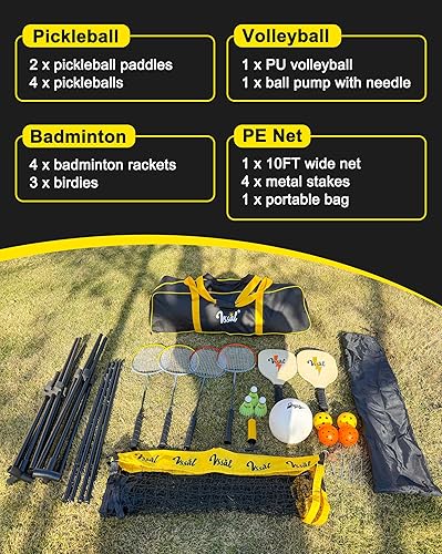 Miniatura 4 de Juego de red portátil todo en uno de 10 pies de bádminton, pickleball y voleibol para niños, media cancha (10 pies de ancho x 7 pies de altura