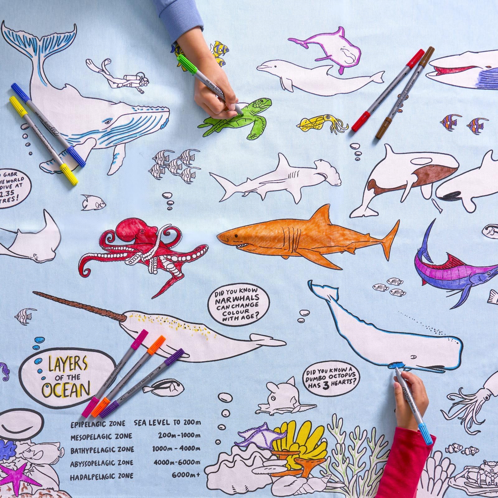 Eatsleepdoodle Under The Sea Colouring Tablecloth For Kids W/ 10Pk Washable Markers For Kids - 130X85cm Colouring Poster - Washable & Reusable