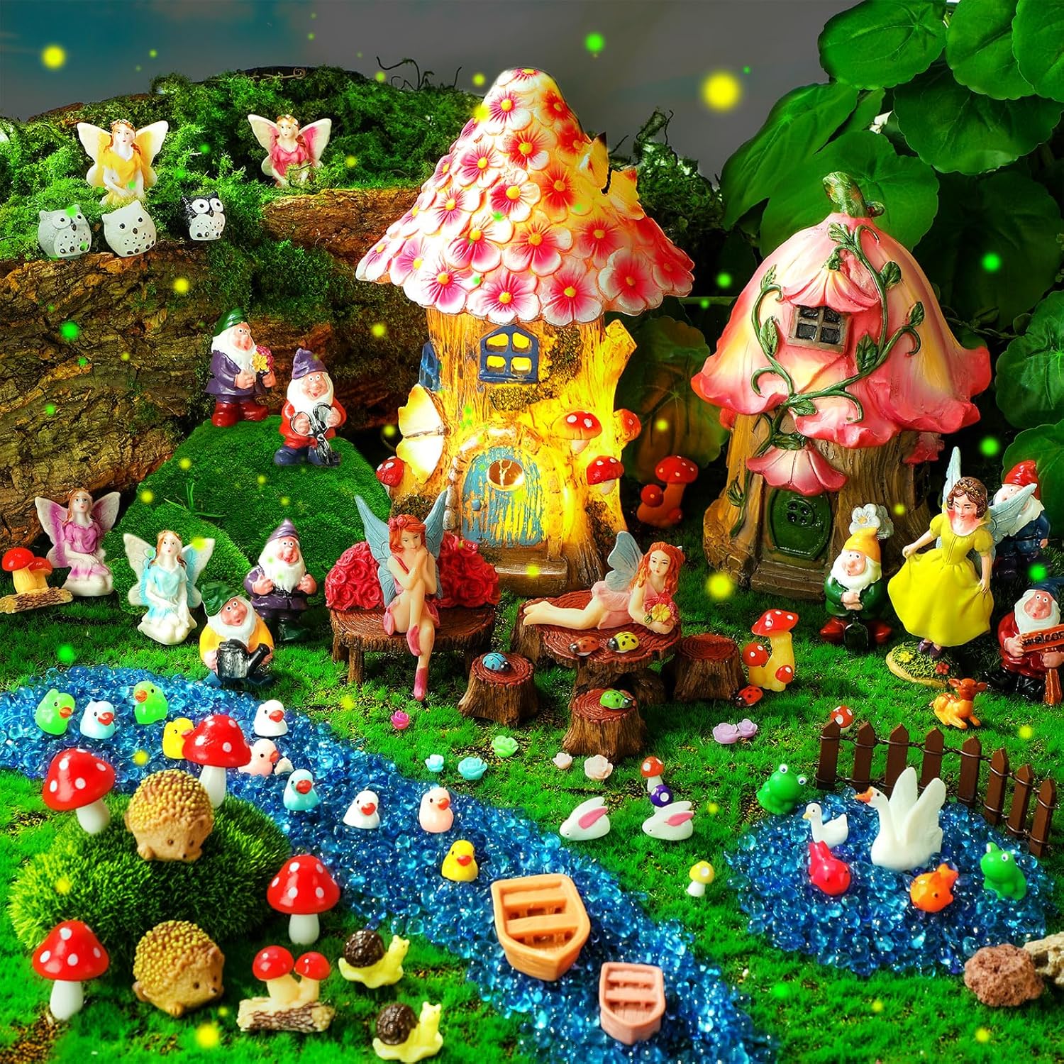 HyDren 100 Pcs Fairy House Garden Figurines Kit 8'' Solar Miniatures Light up 6.6" Fairy House Gnome Animals Doll Outdoor Resin Statues Micro Landscape Ornaments DIY Garden Decor