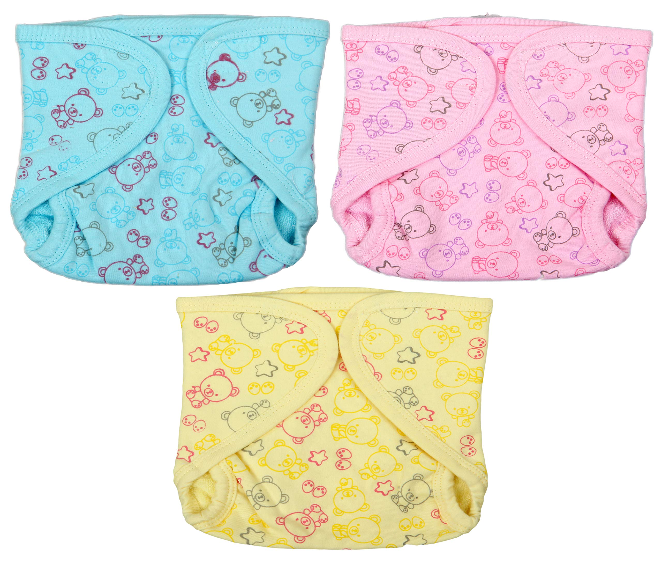 favism Pure Ultra Soft Cotton New Born Baby Reusable Diapers or New Born Baby Nappies Combo Pack of 3 pcs, Pink Yellow Blue, Size 3-6 Months, Unisex