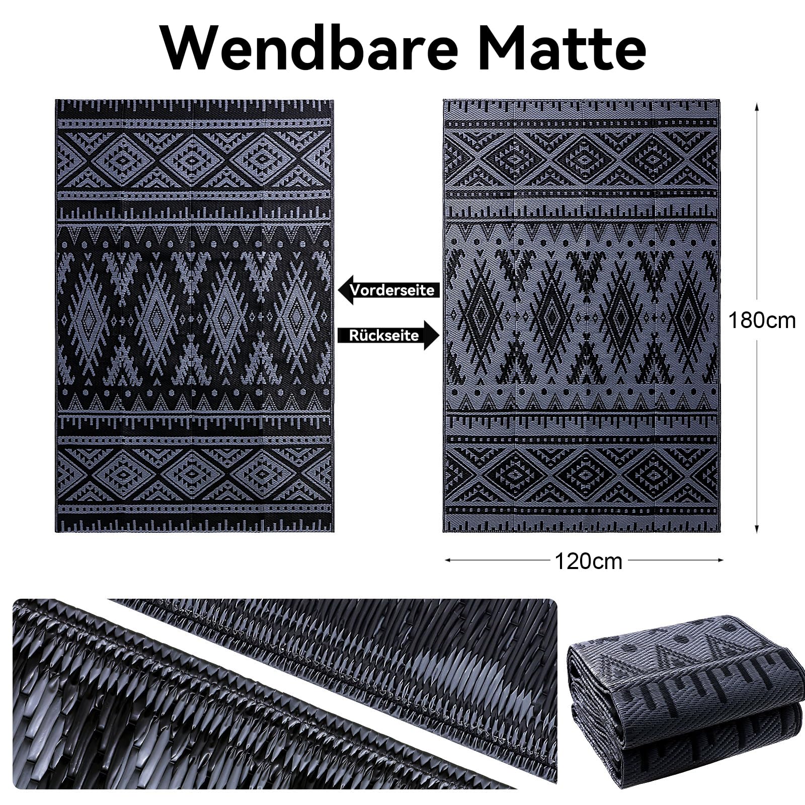 Homaxy Outdoor Teppich Wetterfest, Kunststoff Stroh Faltbar Waschbar UV-beständig Wendbar Balkon Garten Teppich für Terrasse Camping Picknick (120 x 180 cm, Schwarz & Grau)