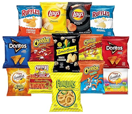 Paquete variado  Hot Snacks Lays & Ruffles Chips, Cheetos, Doritos, Funyuns y Goldfish Sabores  Bolsas de tamaño individual  Clásico, Barbacoa,