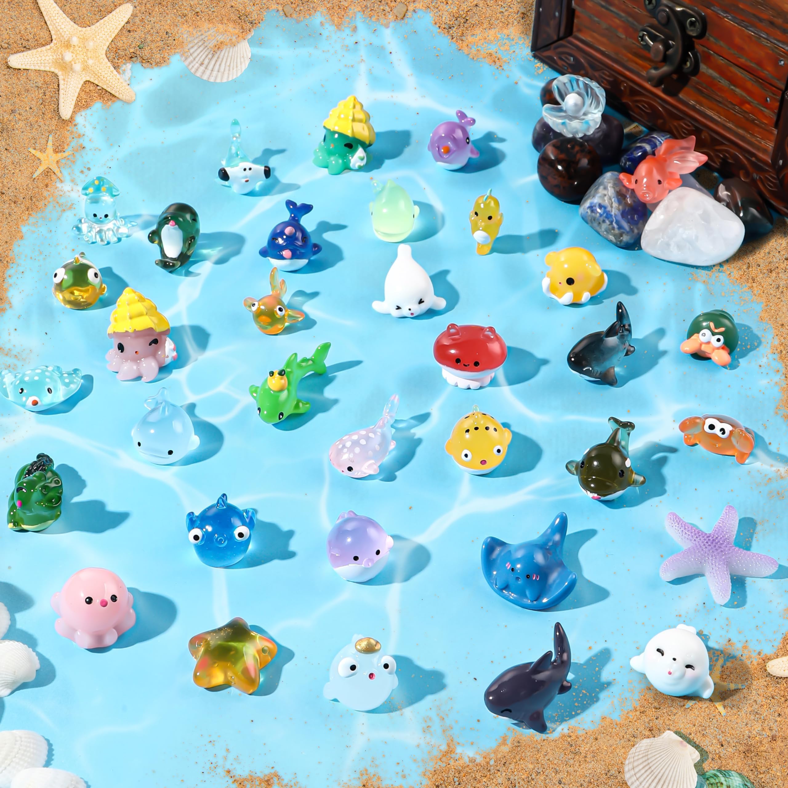 DIYDEC 36pcs Mini Ocean Resin Animals: Turtle, Dolphin, Shark, Whale, Octopus, Starfish - Glossy Resin Figurines for Aquarium, Fish Tank, Dollhouse & DIY Projects