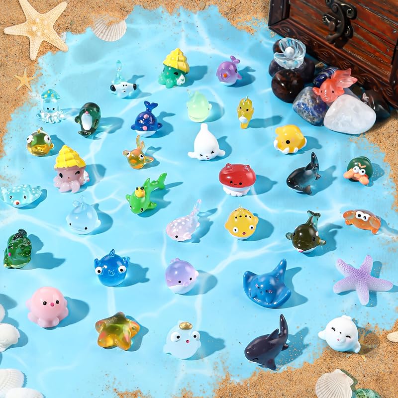 36pcs Mini Ocean Resin Animals Tiny Sea Figurines Aquarium Ornaments Decor | Miniature Plastic Sea Animals for DIY Fish Tank Potted Micro Fairy Garden Dollhouse Decor