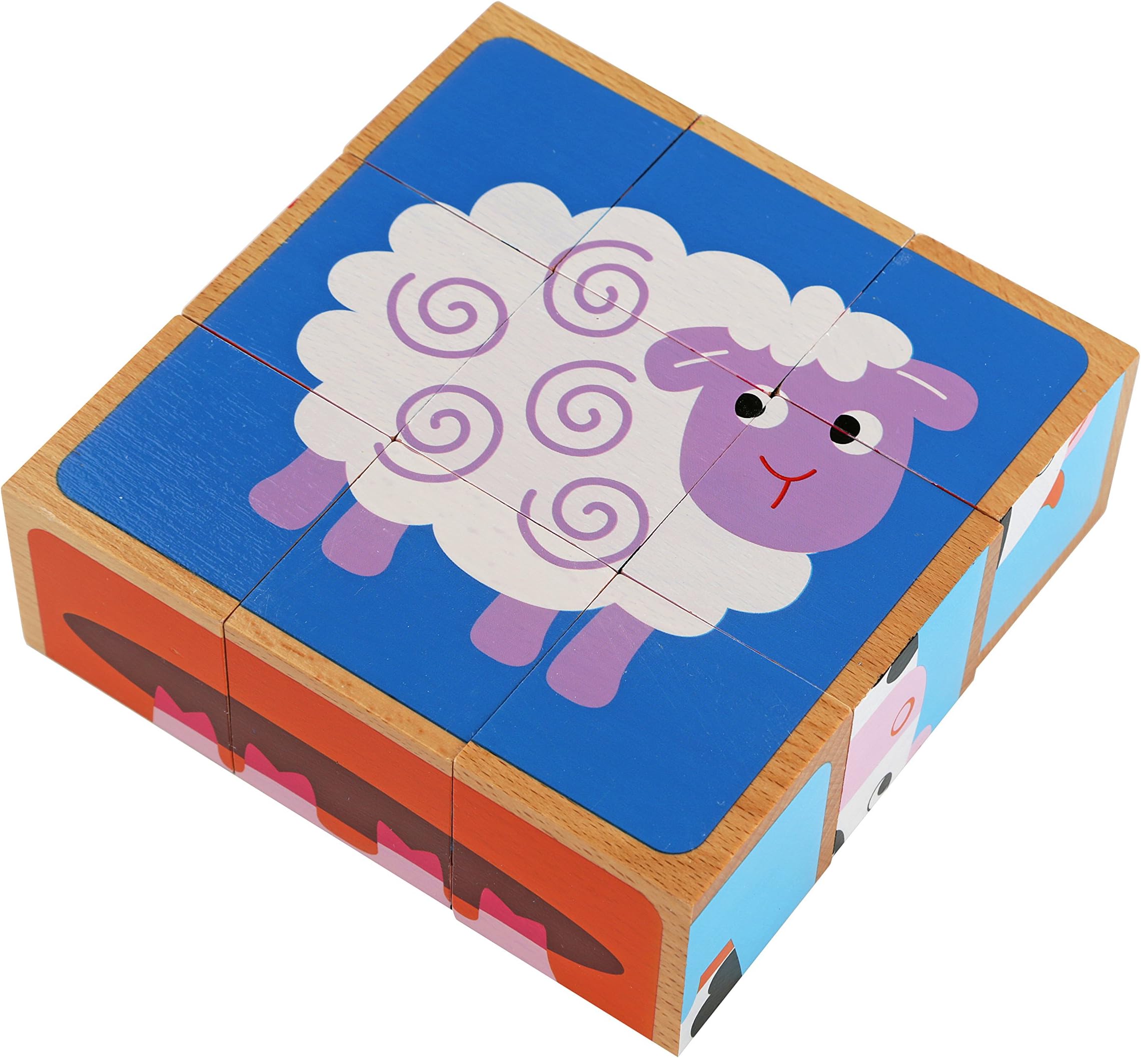 Adorable Farm Animals 6-in-1 Block Puzzle - Colorful Solid Wood Cube Blocks - Educational Baby Toy for Boys and Girls Age 2 Years and Up - Early Development Puzzle Toy