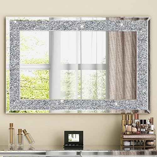 SHYFOY Espejos de diamante triturado para decoración de pared, espejo decorativo rectangular de 35.4 x 23.6 pulgadas, grandes para sala de estar,