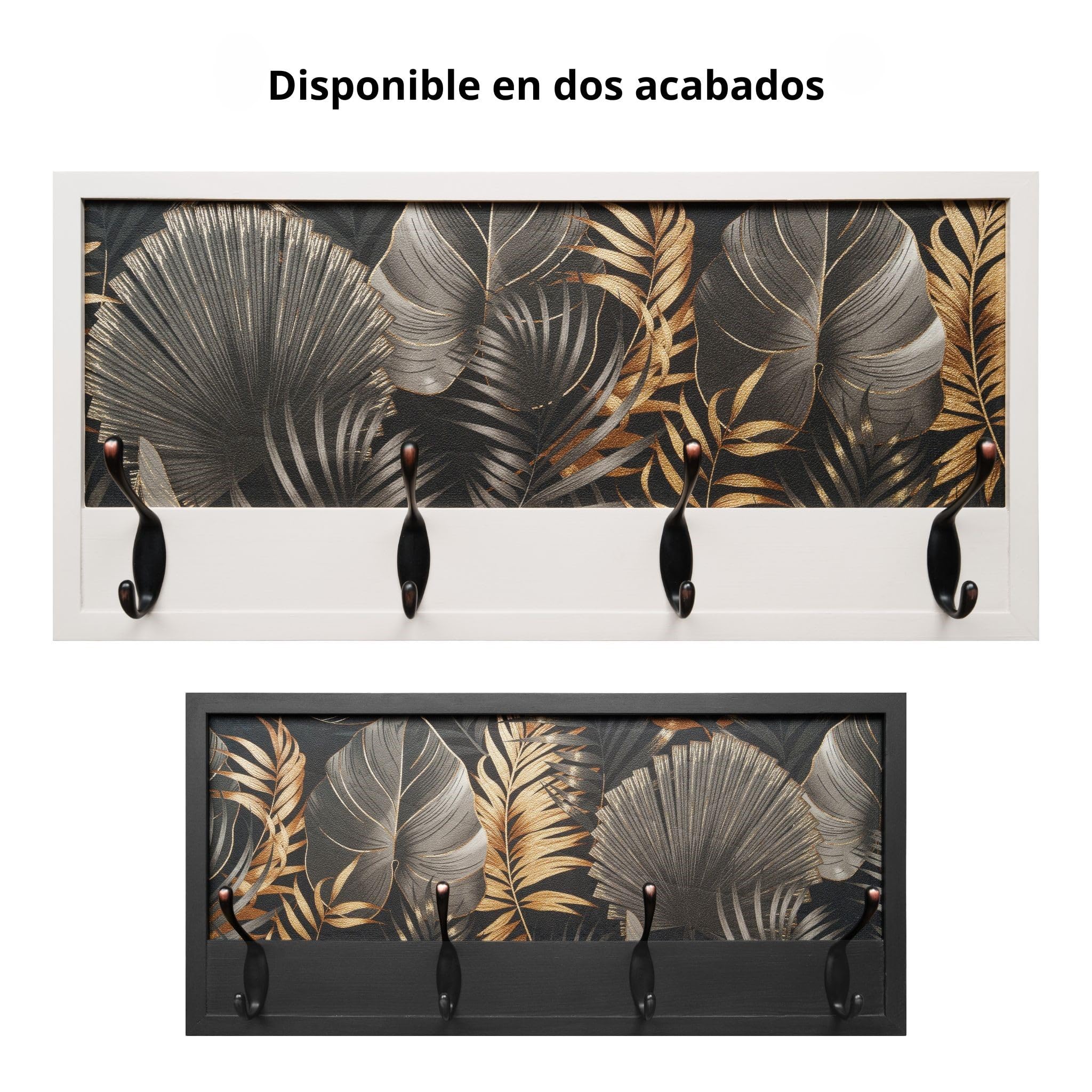 Perchero Pared Madera 52x25cm Jungle Glam Blanco 4 Ganchos | Hecho en España. 4 ganchos dobles (8 colgadores) para ropa y abrigos. Ideal para entrada, salón u oficina.