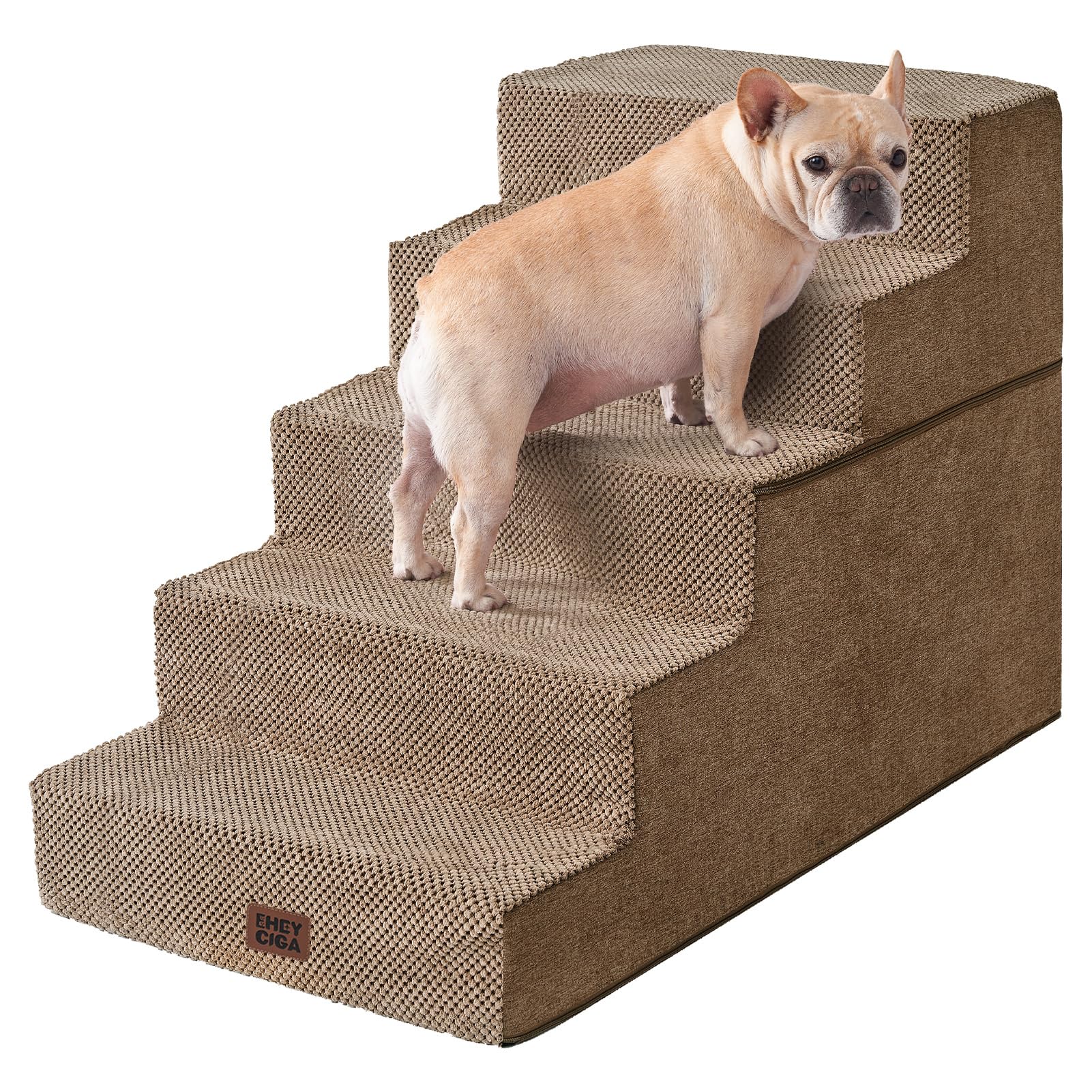 EHEYCIGA Dog Stairs for High Bed 25" H, Extra Wide Dog 5-Step, Camel | Pet Steps for Small Dogs and Cats for Bed, Non-Slip Balanced Pet Ramp Indoor